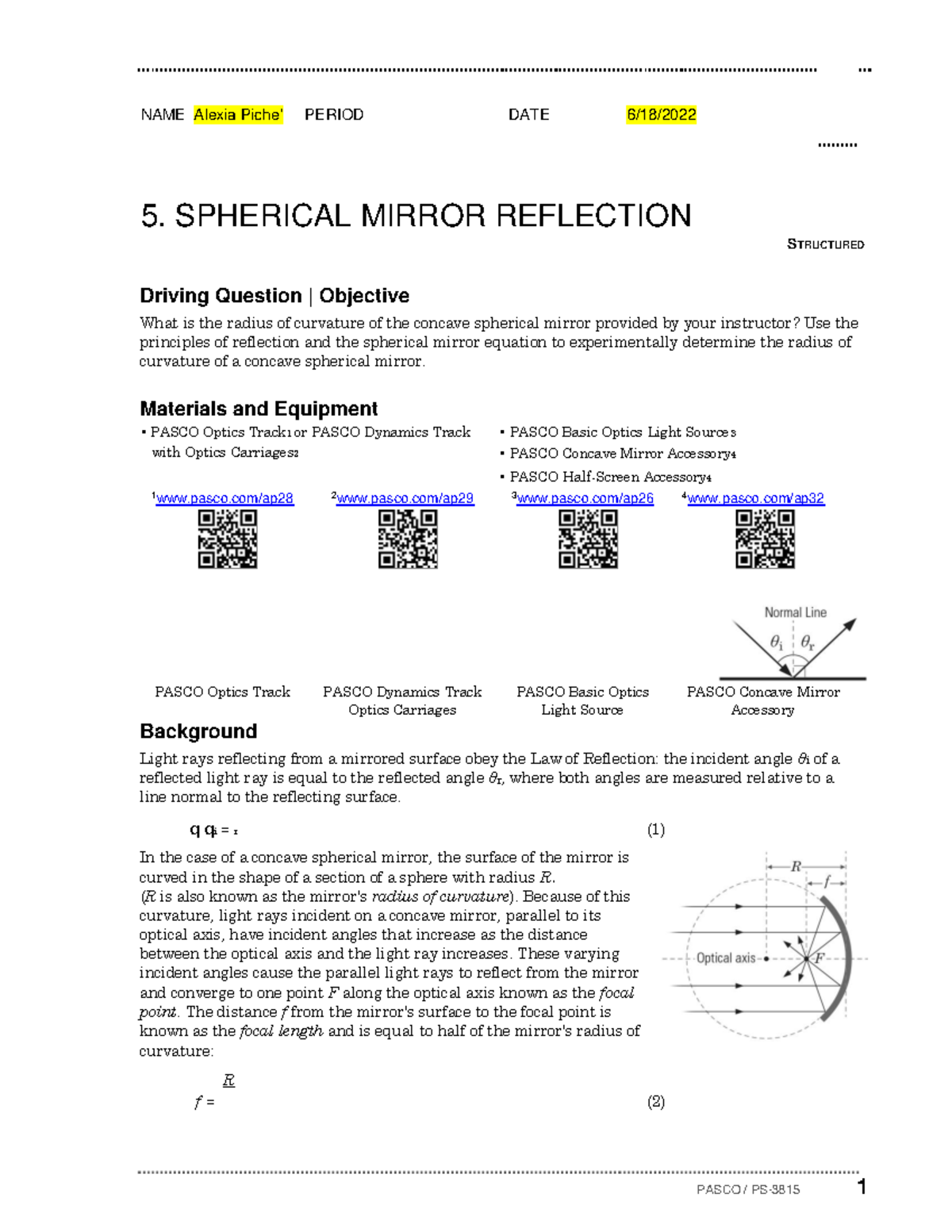 05 AP2 Spherical Mirror Reflection S1 - NAME Alexia Piche’ PERIOD DATE ...