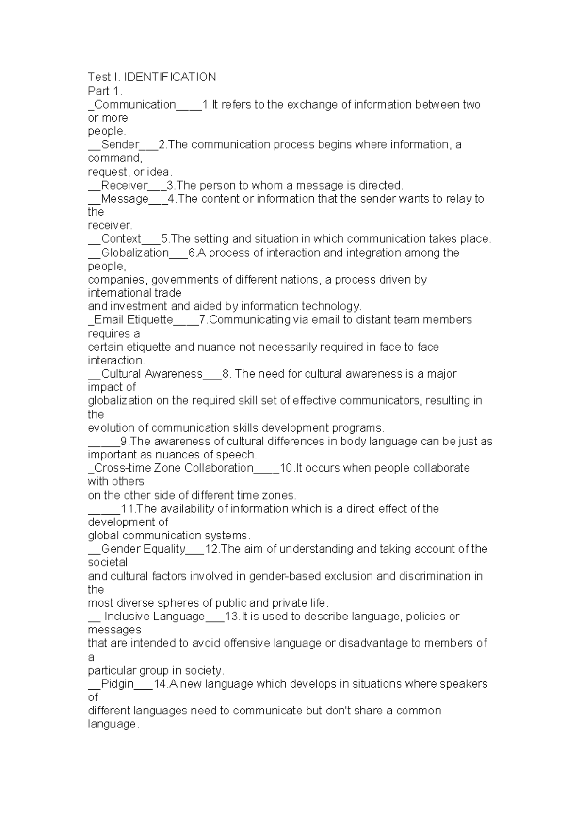 Test - yes - Test I. IDENTIFICATION Part 1. _Communication____1 refers ...