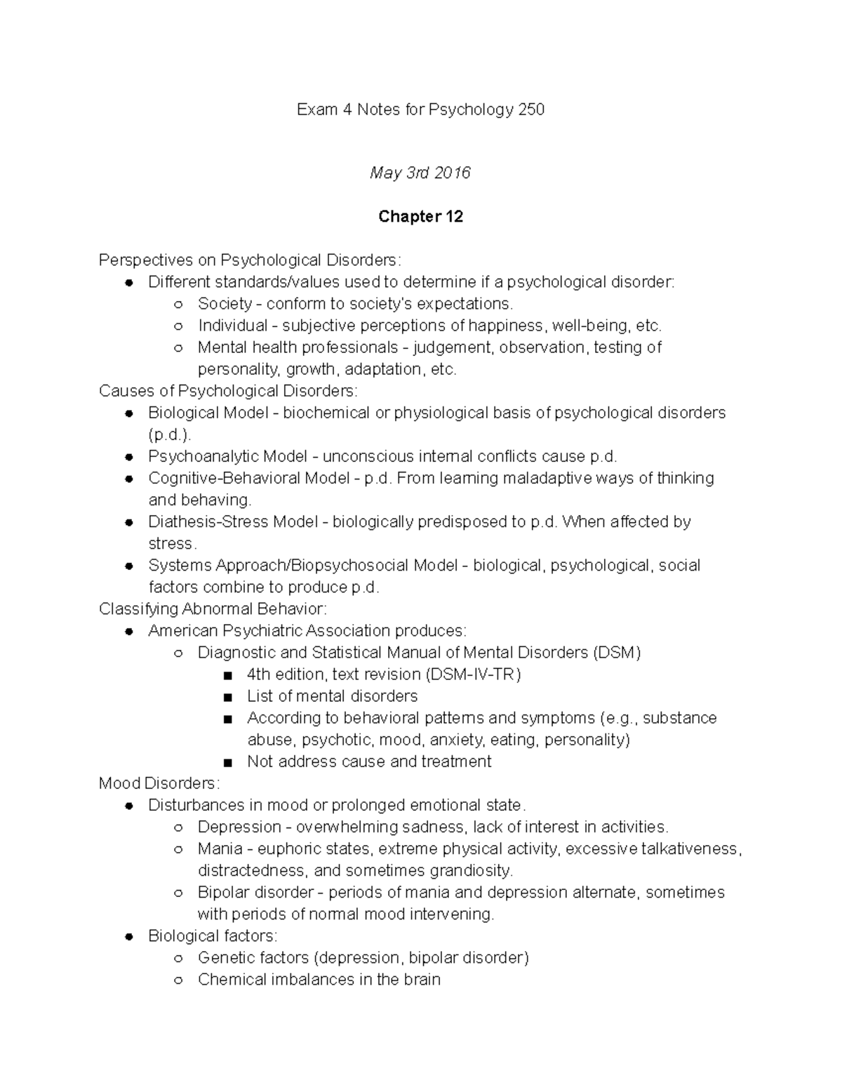 PSY 250 - Final Exam Notes - Exam 4 Notes for Psychology 250 May 3rd ...