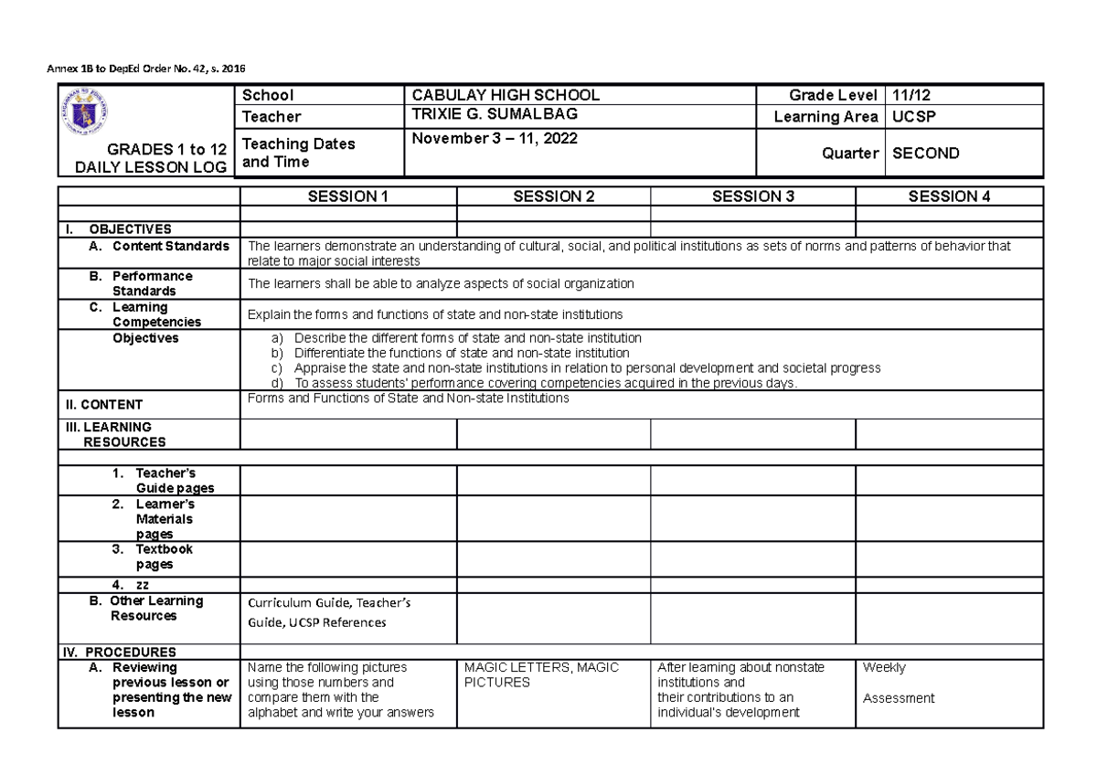 Week 11 - asasass - Annex 1B to DepEd Order No. 42, s. 2016 GRADES 1 to ...