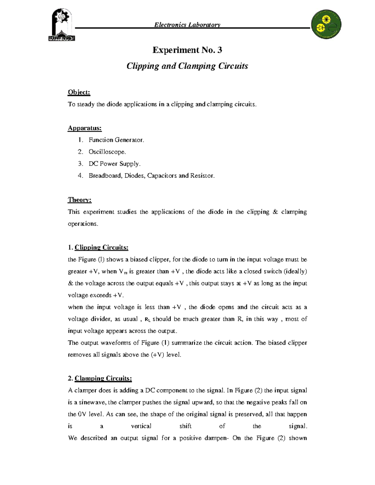 Clipping and Clamping Circuits - Electronics Laboratory Experiment No ...
