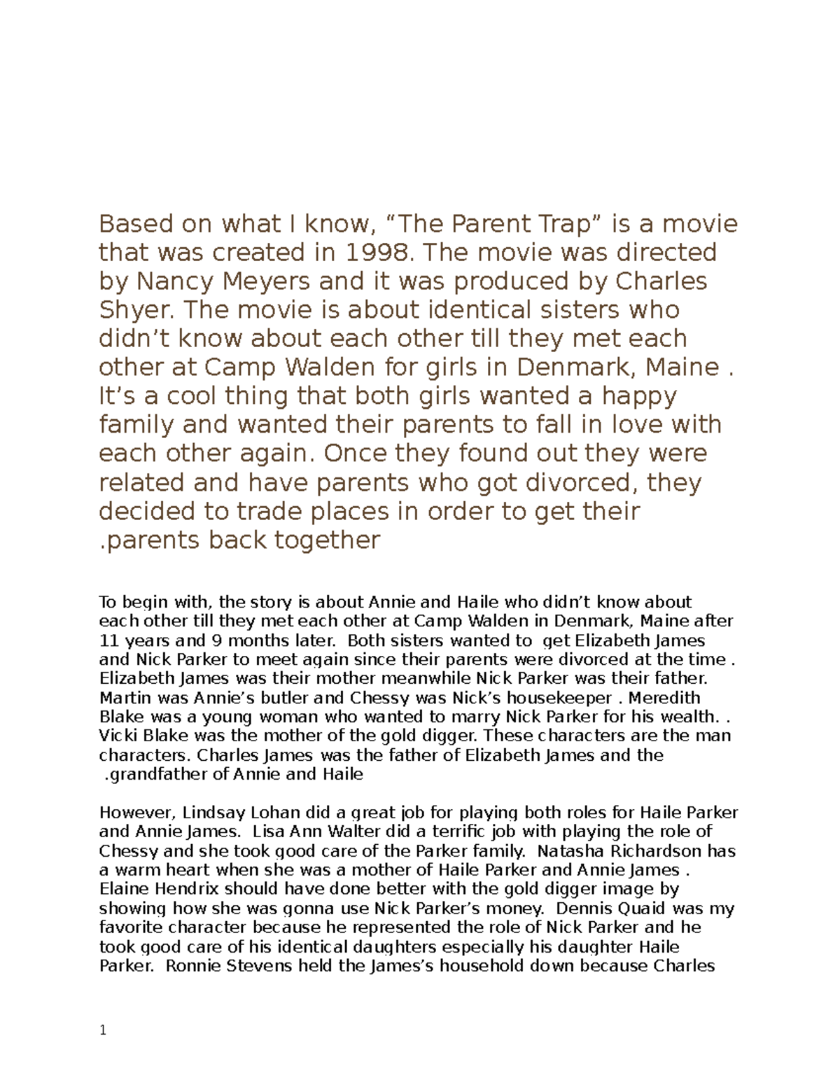 Parent Trap Essay. About a movie - Based on what I know, “The Parent ...