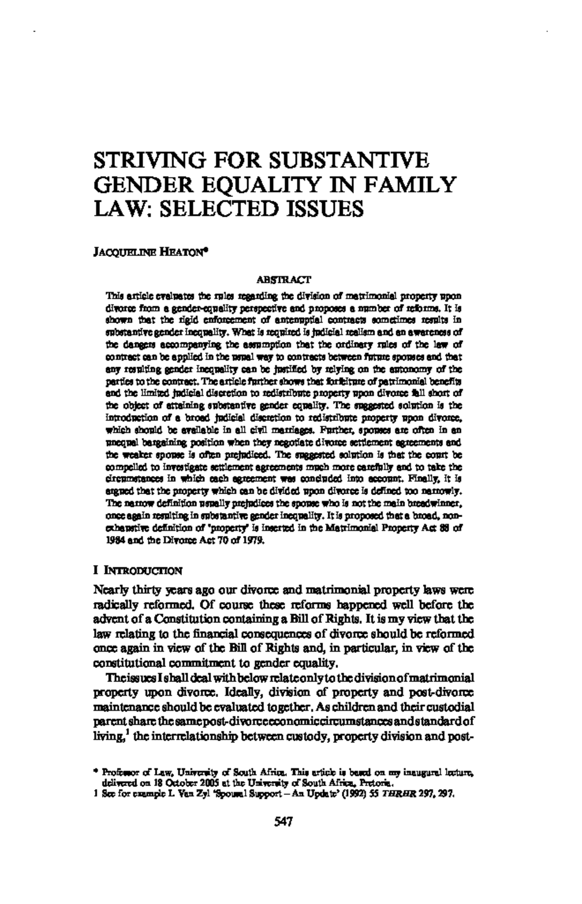 Heaton 2005 striving for substantive gender equality in family law ...