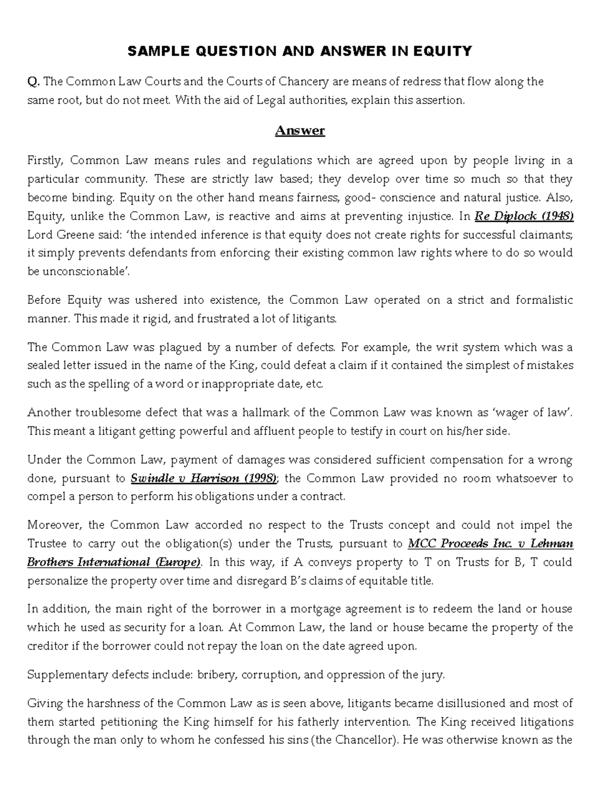 Sample Question AND Answer IN Equity SAMPLE QUESTION AND ANSWER IN