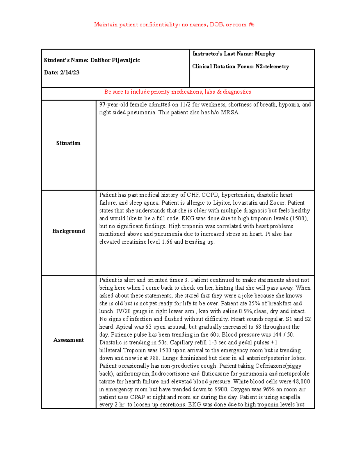 Nursing Journal 2 - clinical paperwork - Student’s Name: Dalibor ...