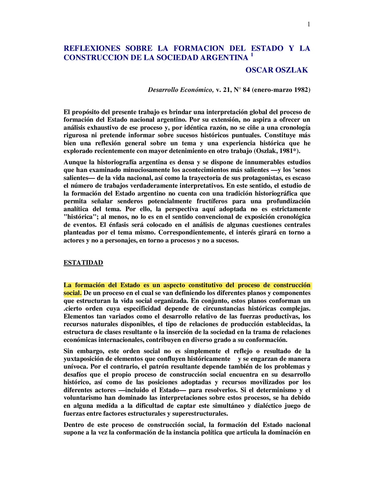 Oszlak - Reflexiones Sobre La Formación Del Estado Argentino ...