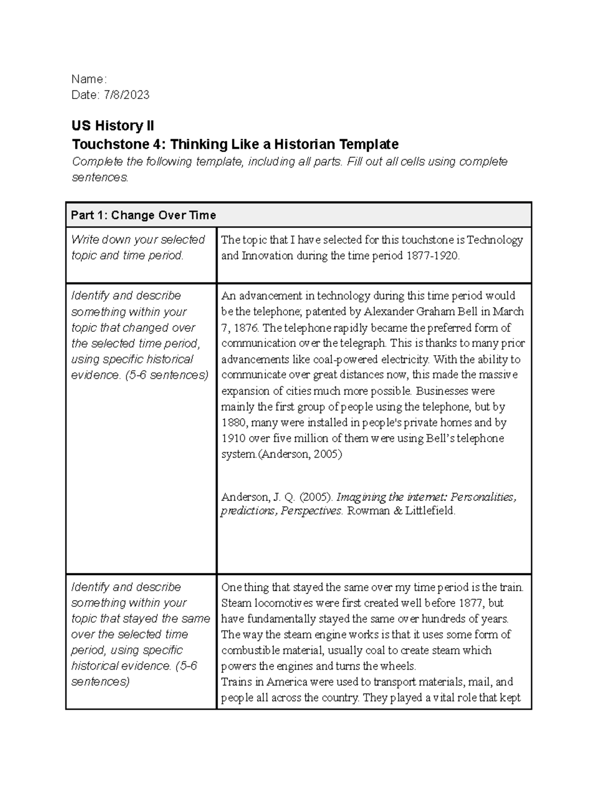 US History II Touchstone 4 - Name: Date: 7/8/ US History II Touchstone ...