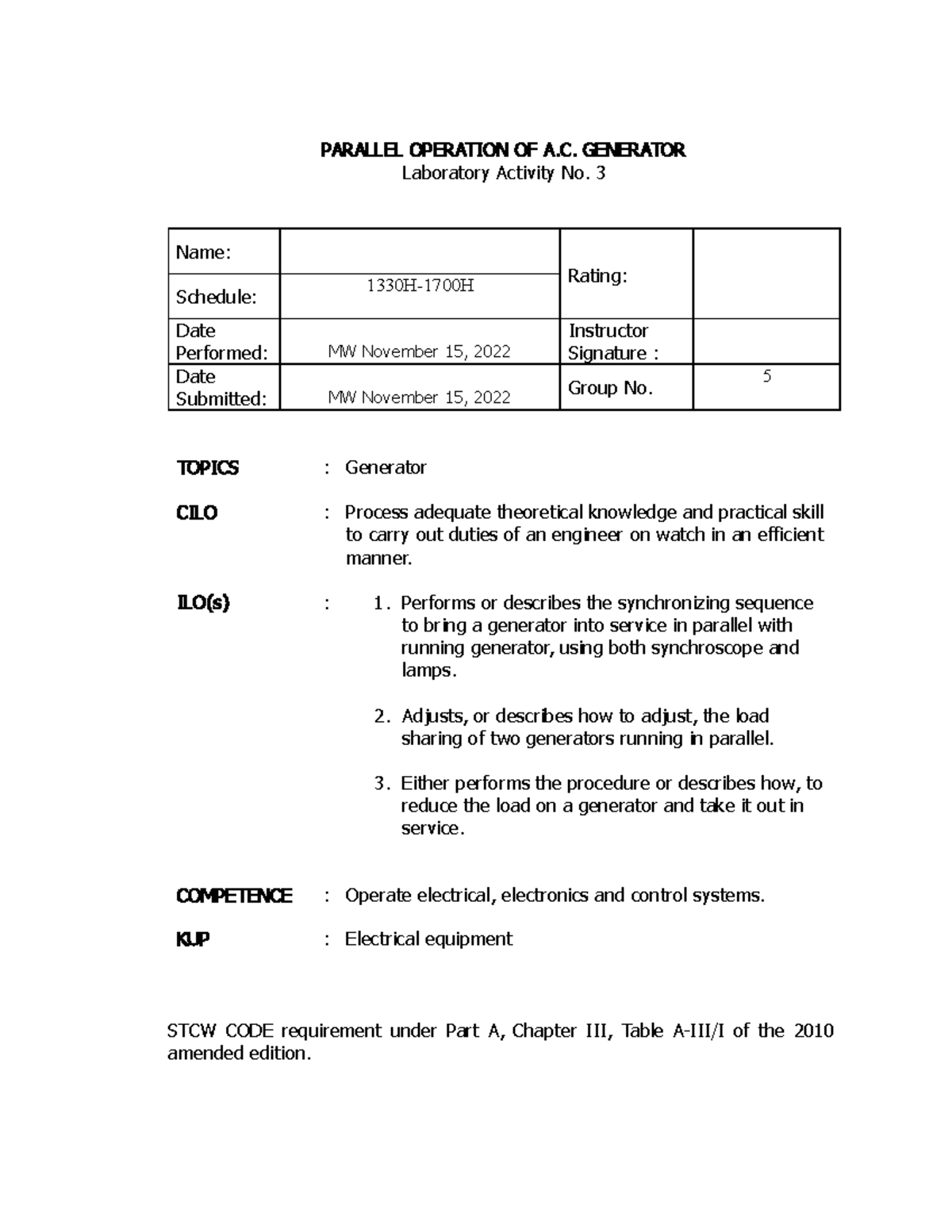Electro Activity 3 - PARALLEL OPERATION OF A. GENERATOR Laboratory ...