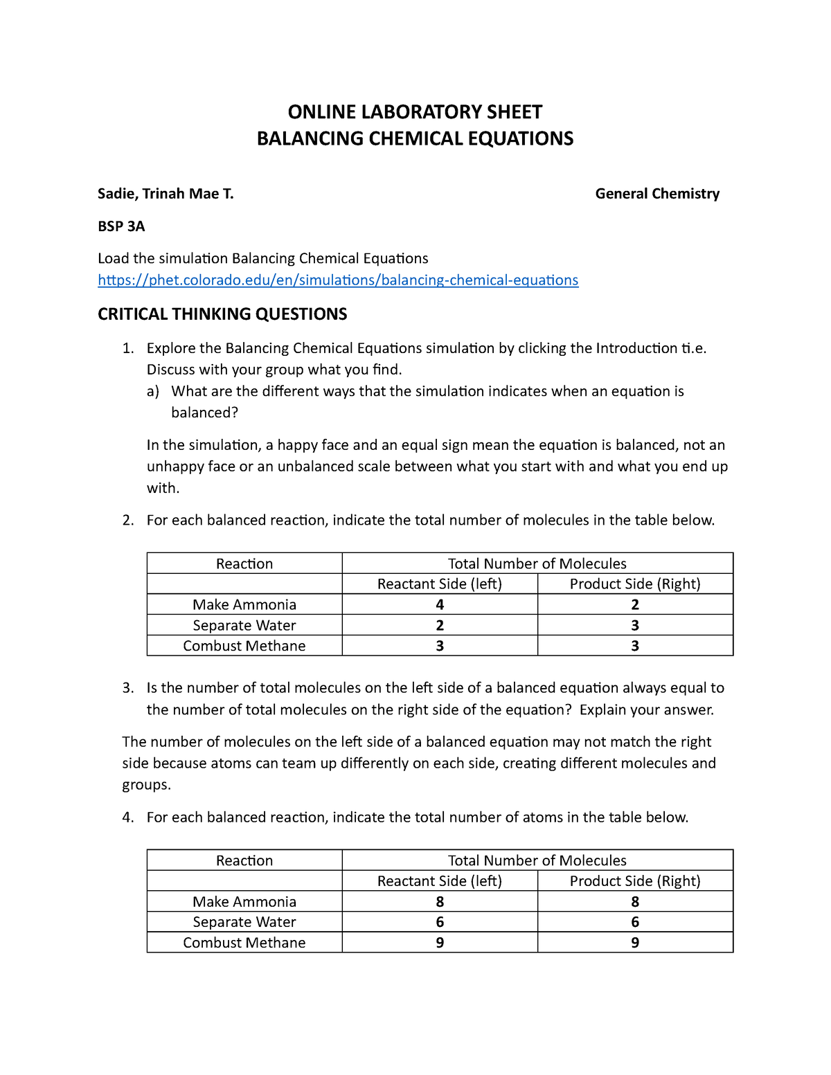 Balancing Chemical Equations Phet Labsheet Online Laboratory Sheet