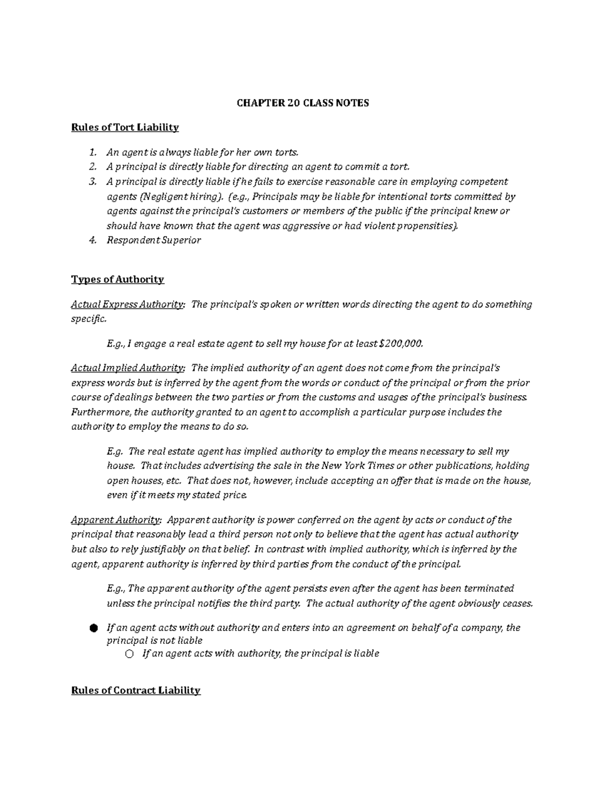 Chapter 20 - Lecture notes 20 - CHAPTER 20 CLASS NOTES Rules of Tort ...