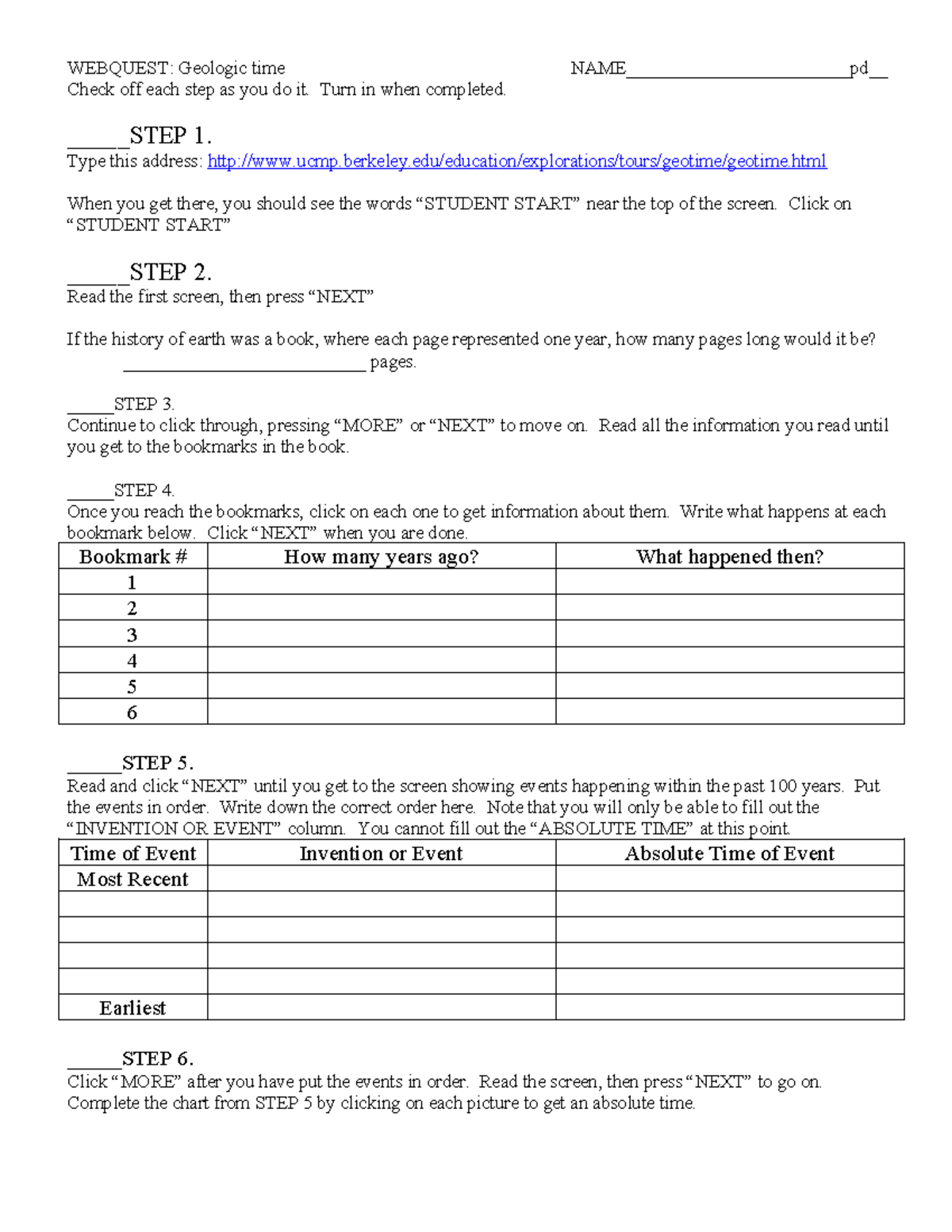 Webquest geologic time part 2 - WEBQUEST: Geologic time NAME ...