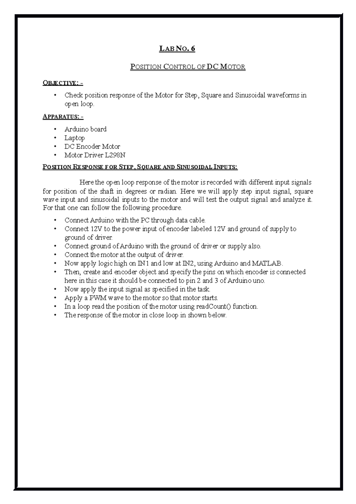 Lab 6 - LAB NO. 6 POSITION CONTROL OF DC MOTOR OBJECTIVE: - Check ...