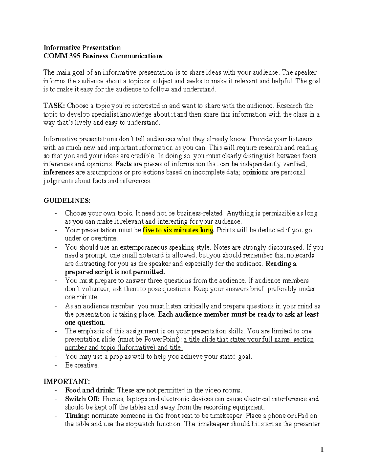 Informative Instructions - 1 Informative Presentation COMM 395 Business ...