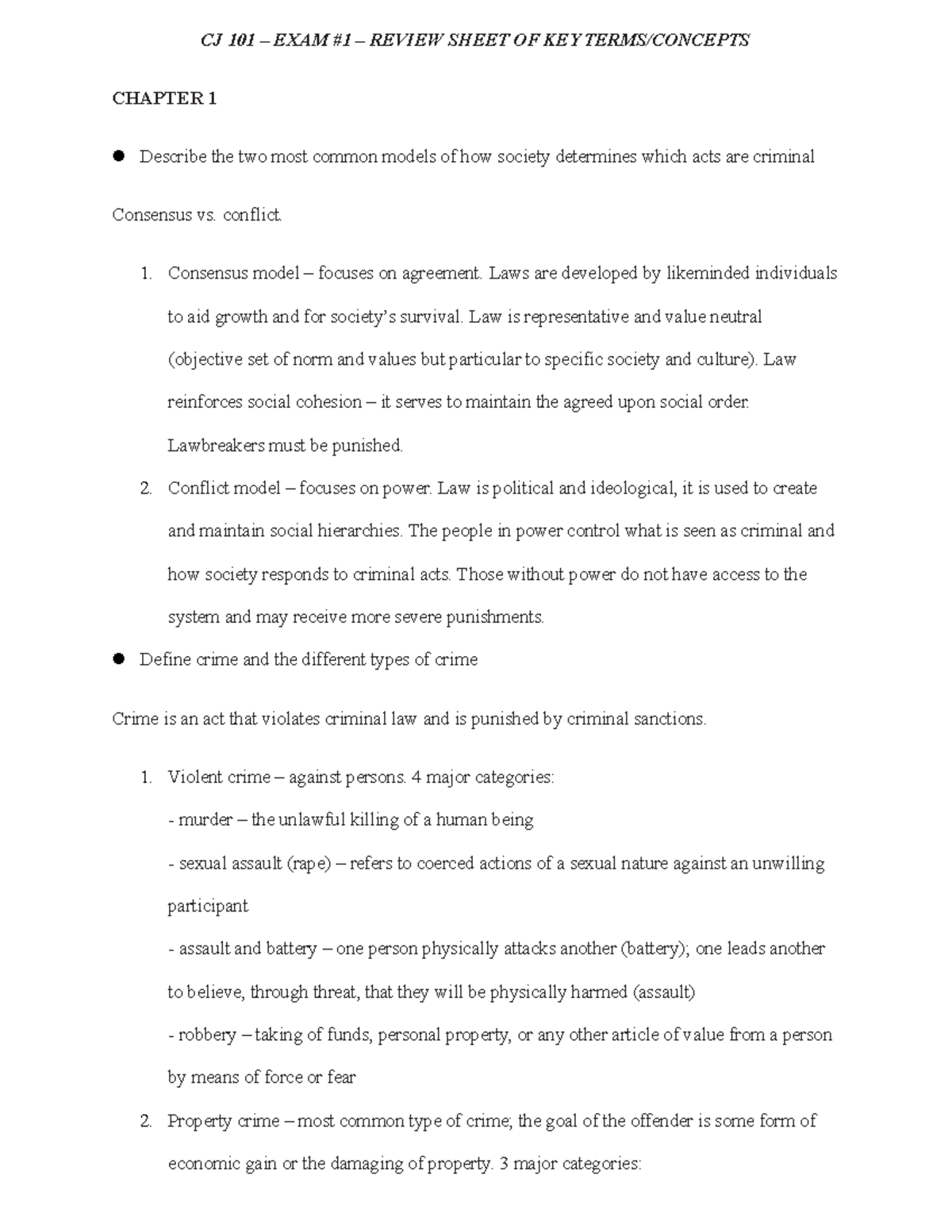 Exam 1 Review Sheet - Debra Ross - CJ 101 – EXAM #1 – REVIEW SHEET OF ...