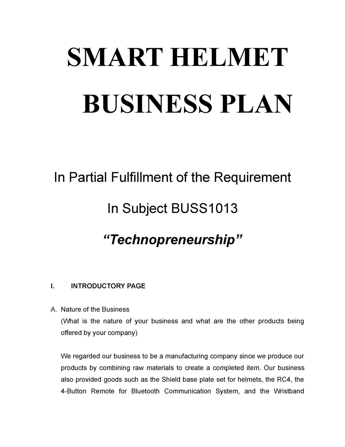 helmet company business plan