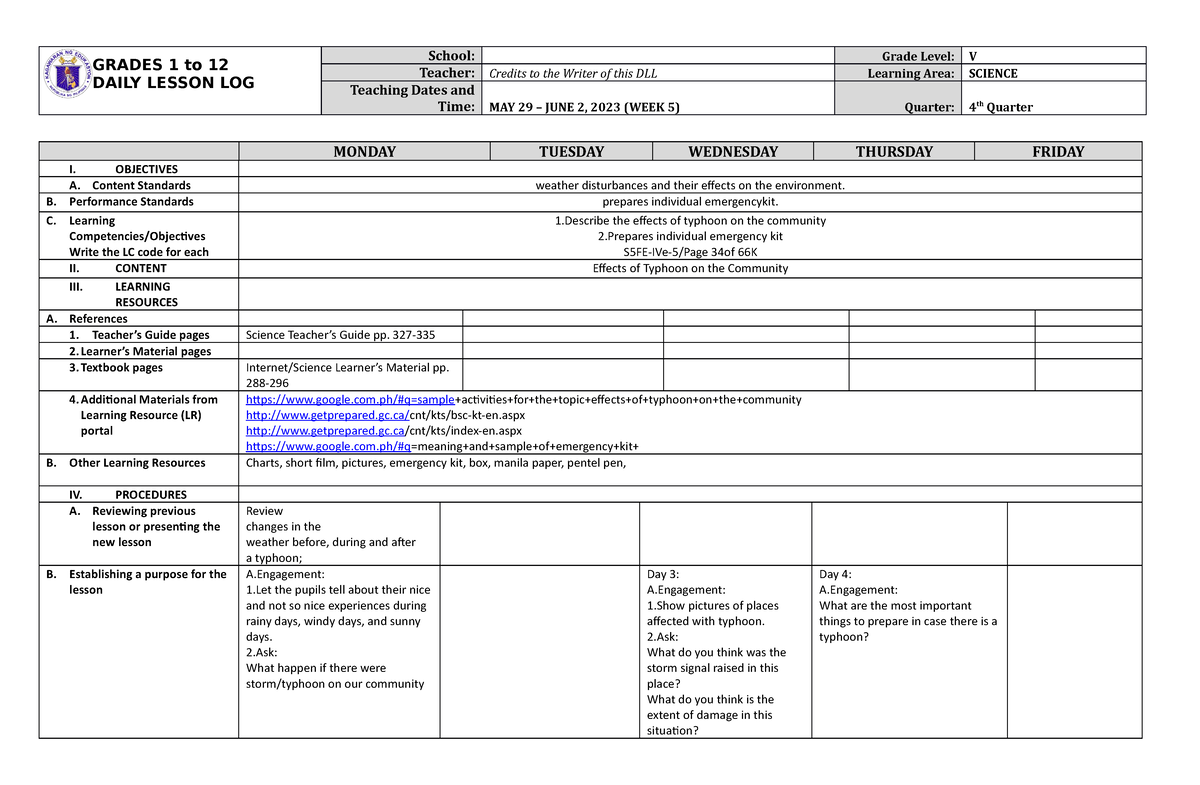 Grade 5 DLL Science 5 Q4 Week 5 - GRADES 1 to 12 DAILY LESSON LOG ...