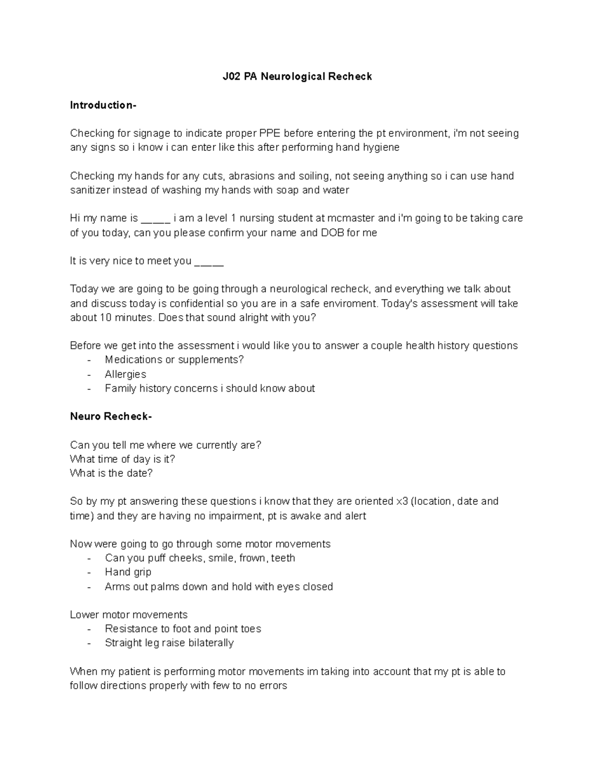 Nursing J02 Practice Assessment Scripts - J02 PA Neurological Recheck ...