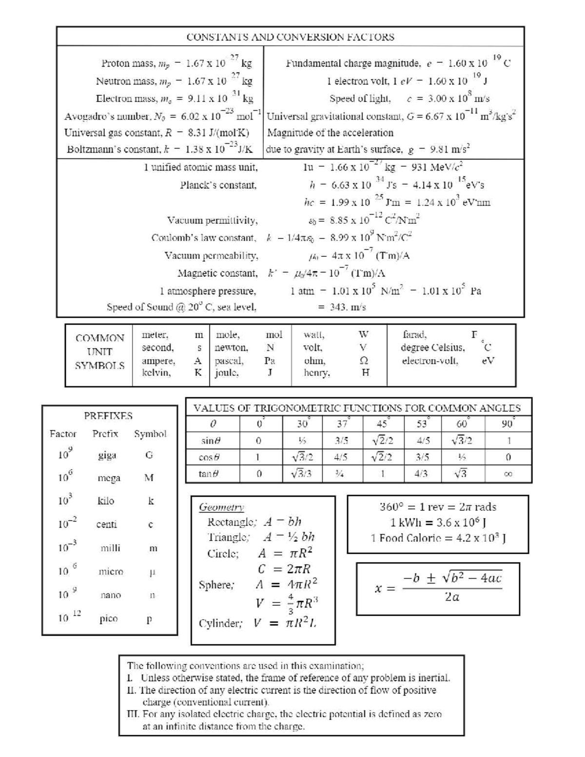 Constants Page - PHY 132 - Studocu