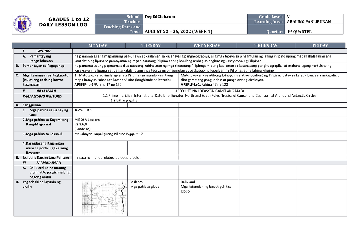 Dll Araling Panlipunan 5 Q1 W1 Grades 1 To 12 Daily Lesson Log School Depedclub Grade Level 4179