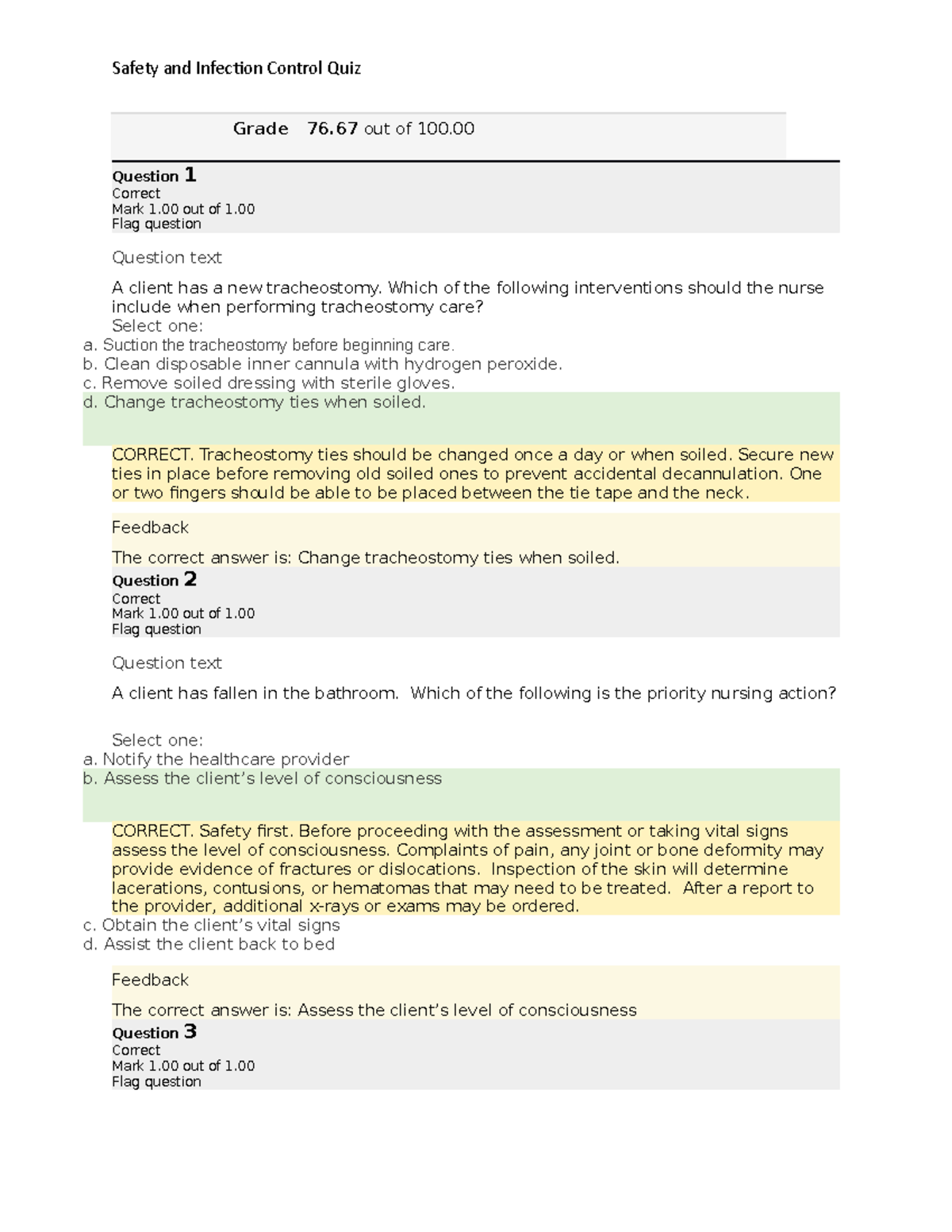 Safety and Infection Control Quiz - Grade 76 out of 100. Question 1 ...