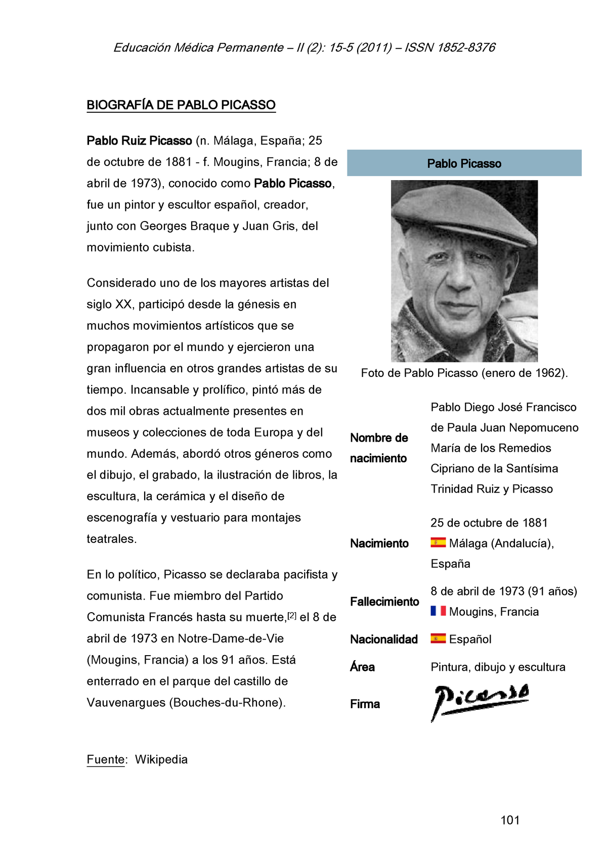 DE Pablo Picasso Educación Médica Permanente – II 15-5 (2011) – ISSN 1852-8 376 - Studocu
