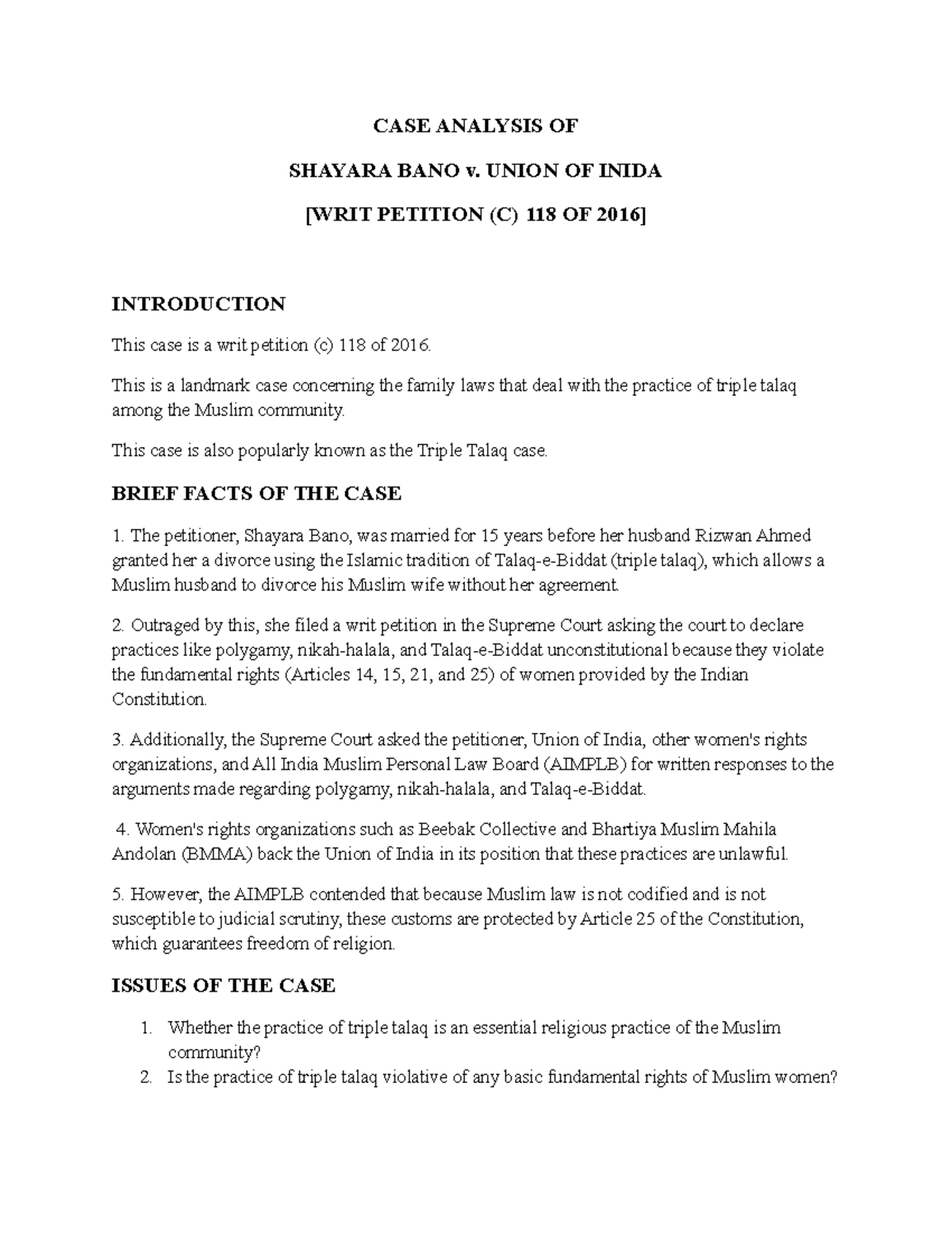 CASE Analysis - CASE ANALYSIS OF SHAYARA BANO v. UNION OF INIDA [WRIT ...
