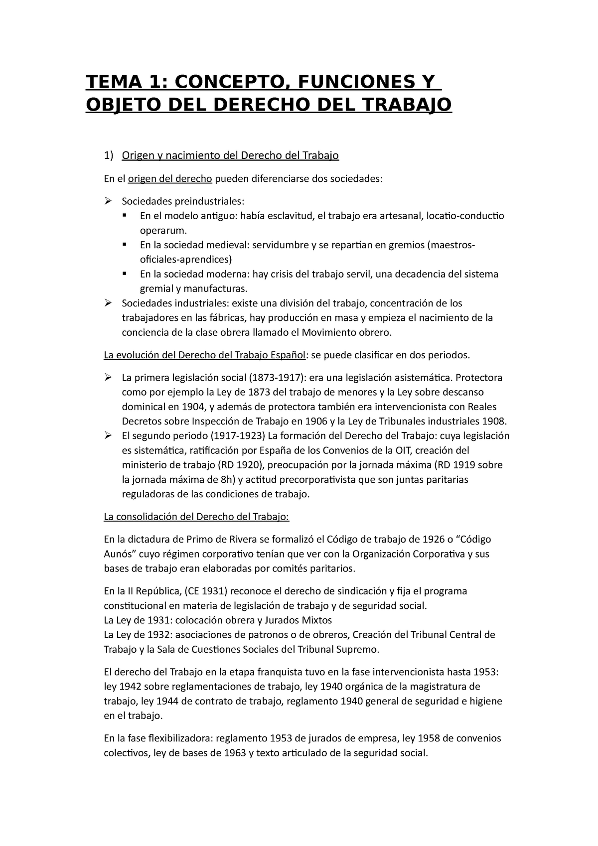 Tema 1 Apuntes 1 Tema 1 Concepto Funciones Y Objeto Del Derecho Del Trabajo 1 Origen Y 8500