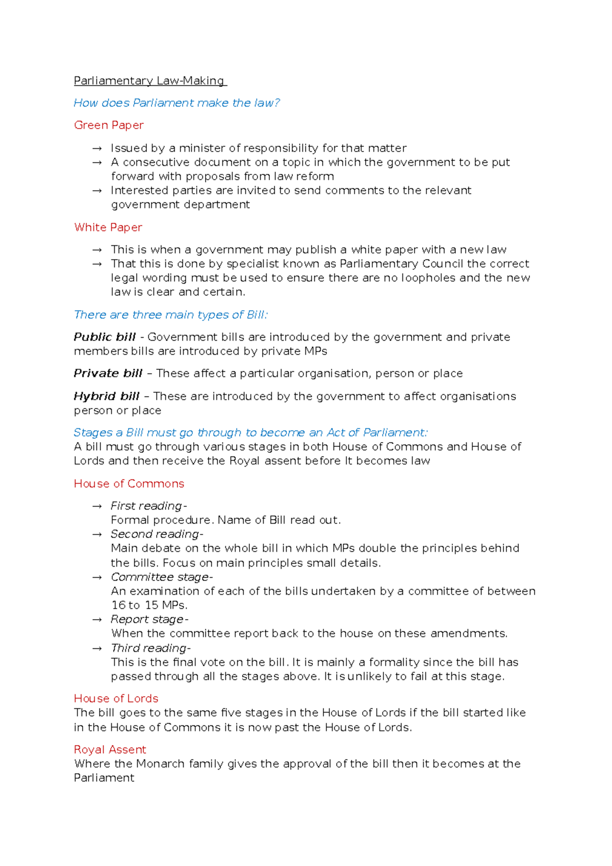 Legal Systems Full Notes - Parliamentary Law-Making How does Parliament ...