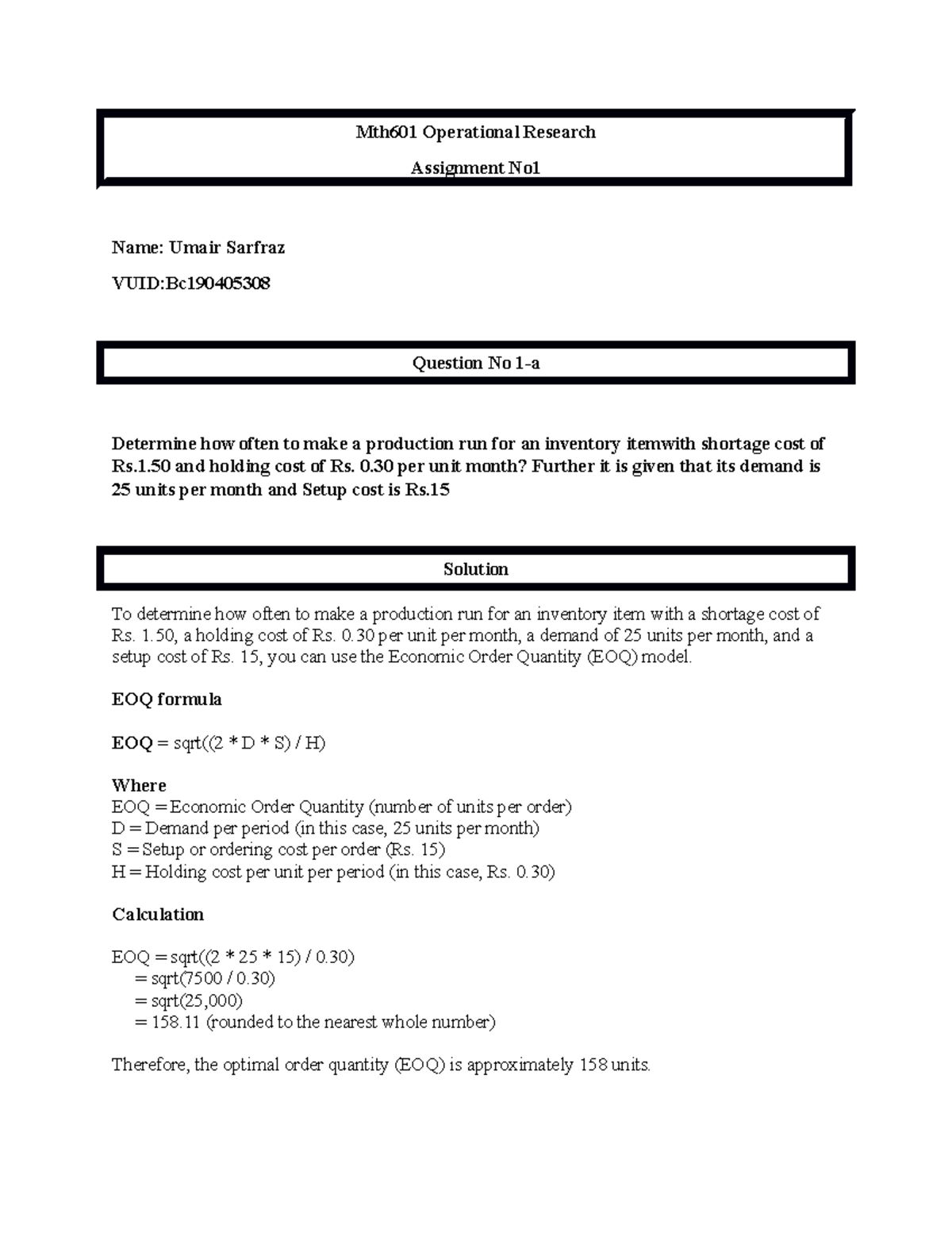 Bc190405308 - Mth601 Operational Research Assignment No Name: Umair ...