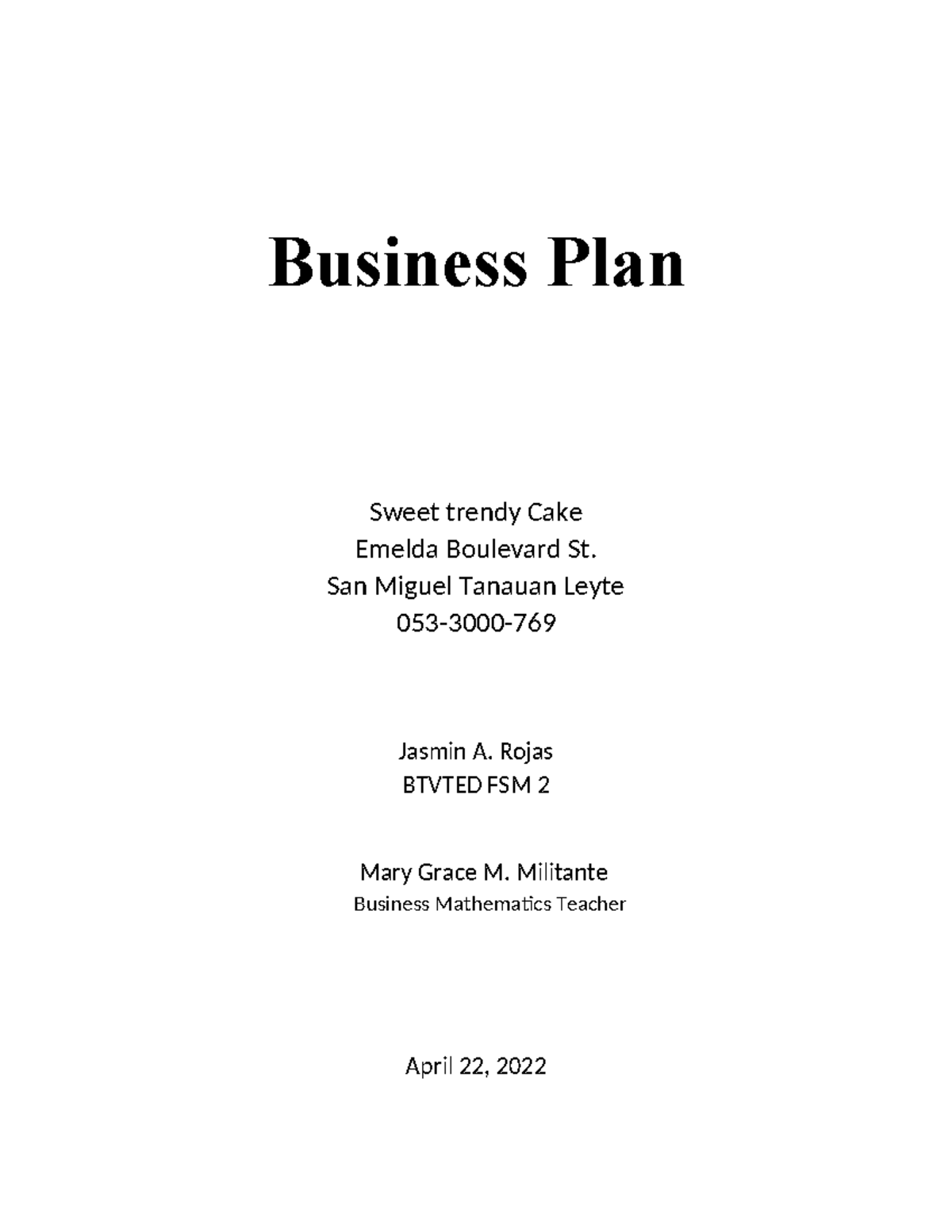 Business Plan math Business Plan Sweet trendy Cake Emelda Boulevard