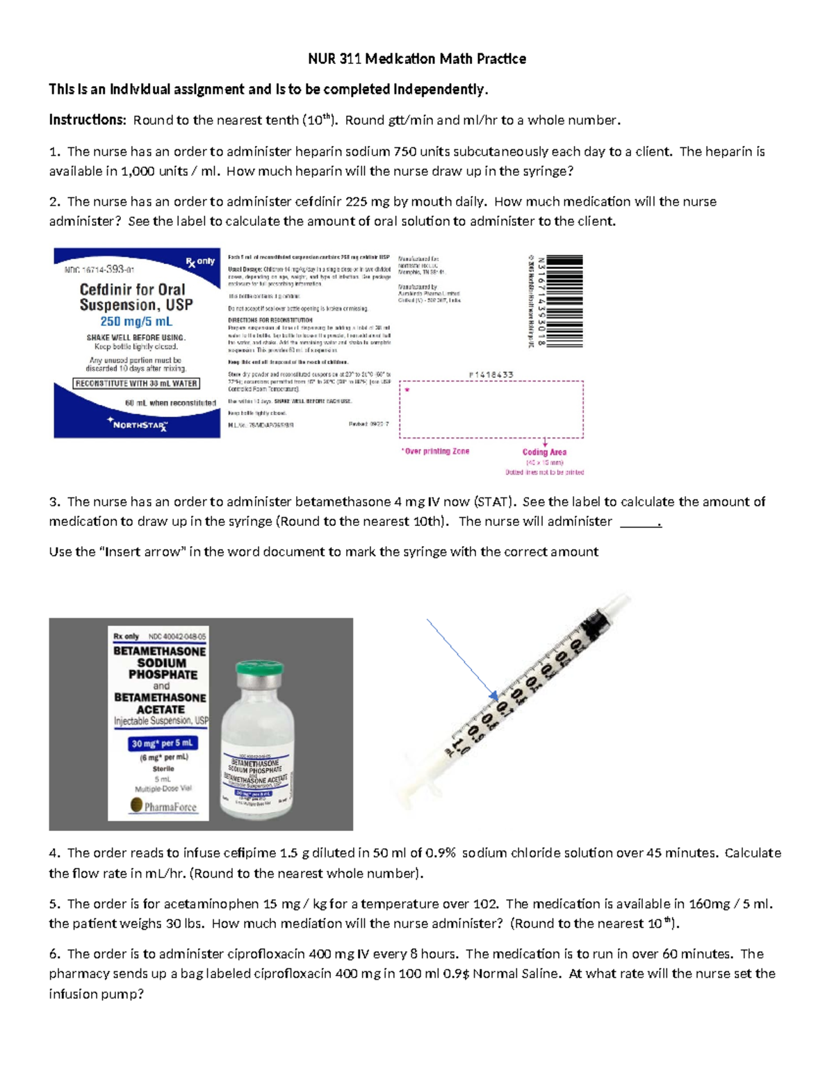 NUR 311 Medication Math Quiz Student NUR 311 Medication Math Practice