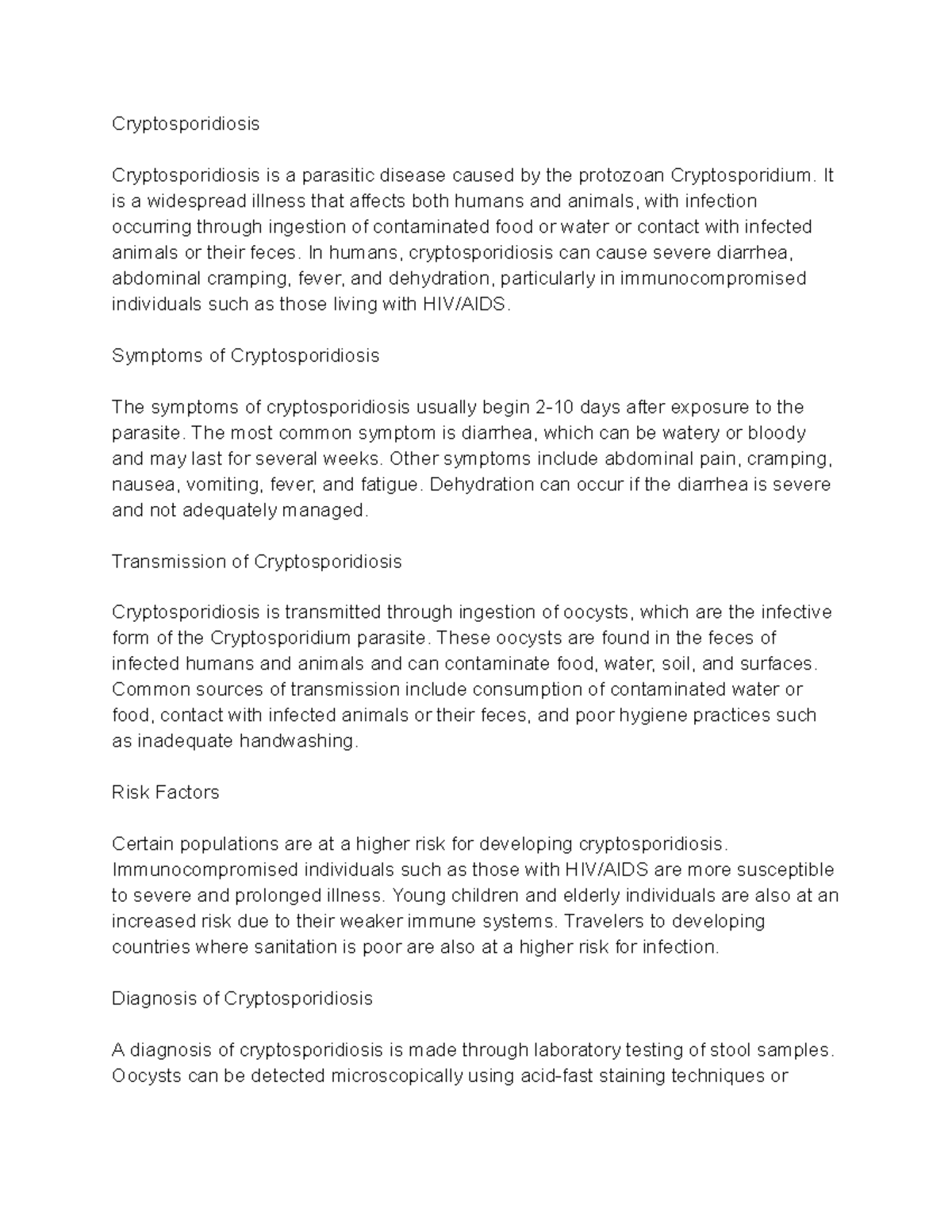 Cryptosporidiosis Cryptosporidiosis Cryptosporidiosis is a parasitic