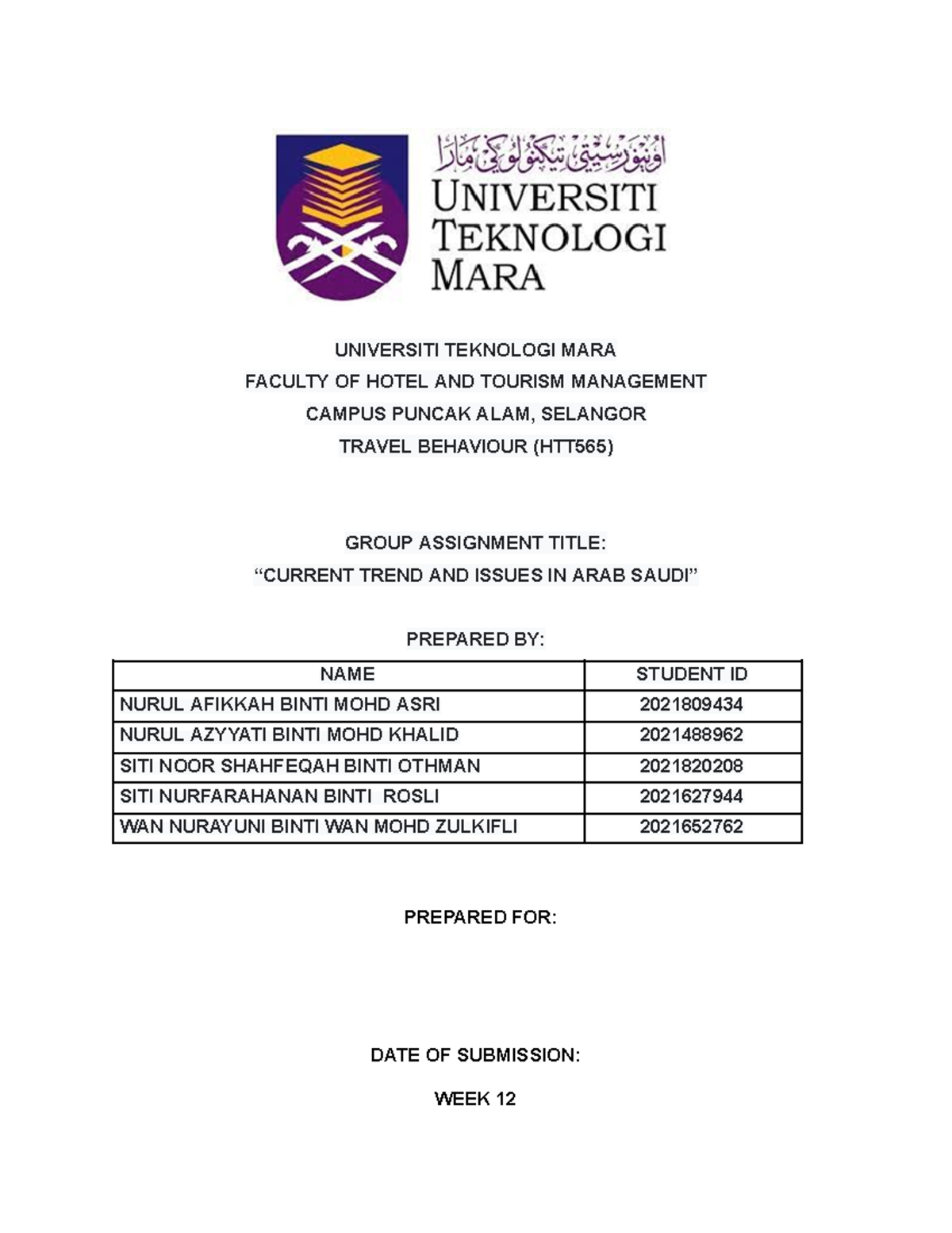 HTT565 Travel Behaviour 1 - UNIVERSITI TEKNOLOGI MARA FACULTY OF HOTEL ...