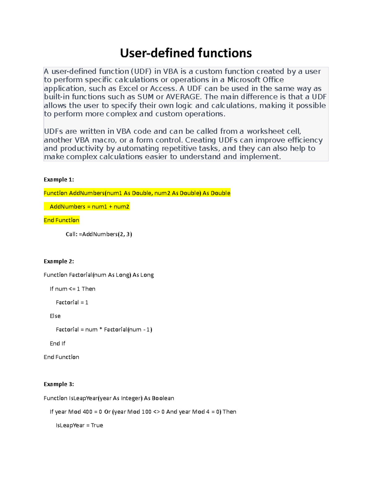 VBA User Defined functions 1 - User-defined functions A user-defined ...