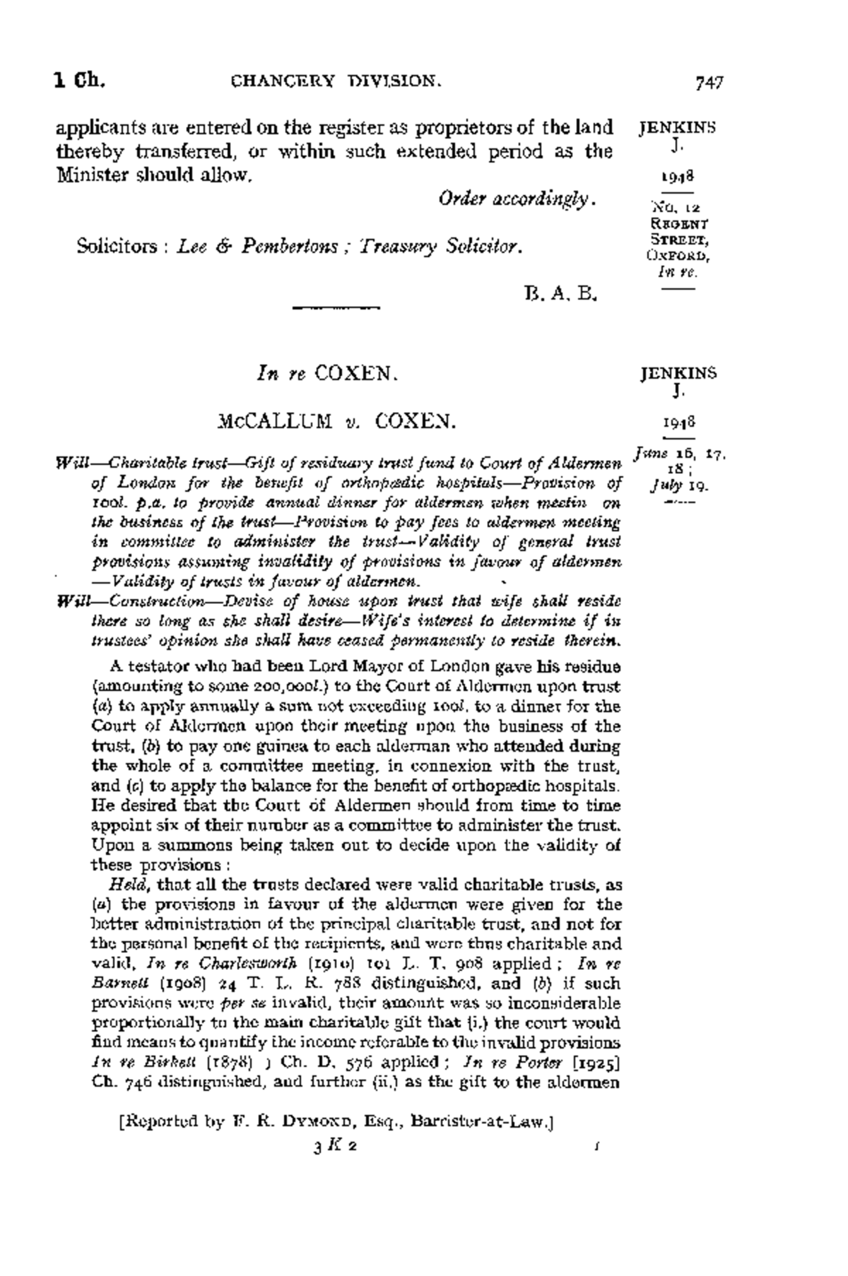 Re Coxen Case summaries 1 Ch. CHANCERY DIVISION. applicants are