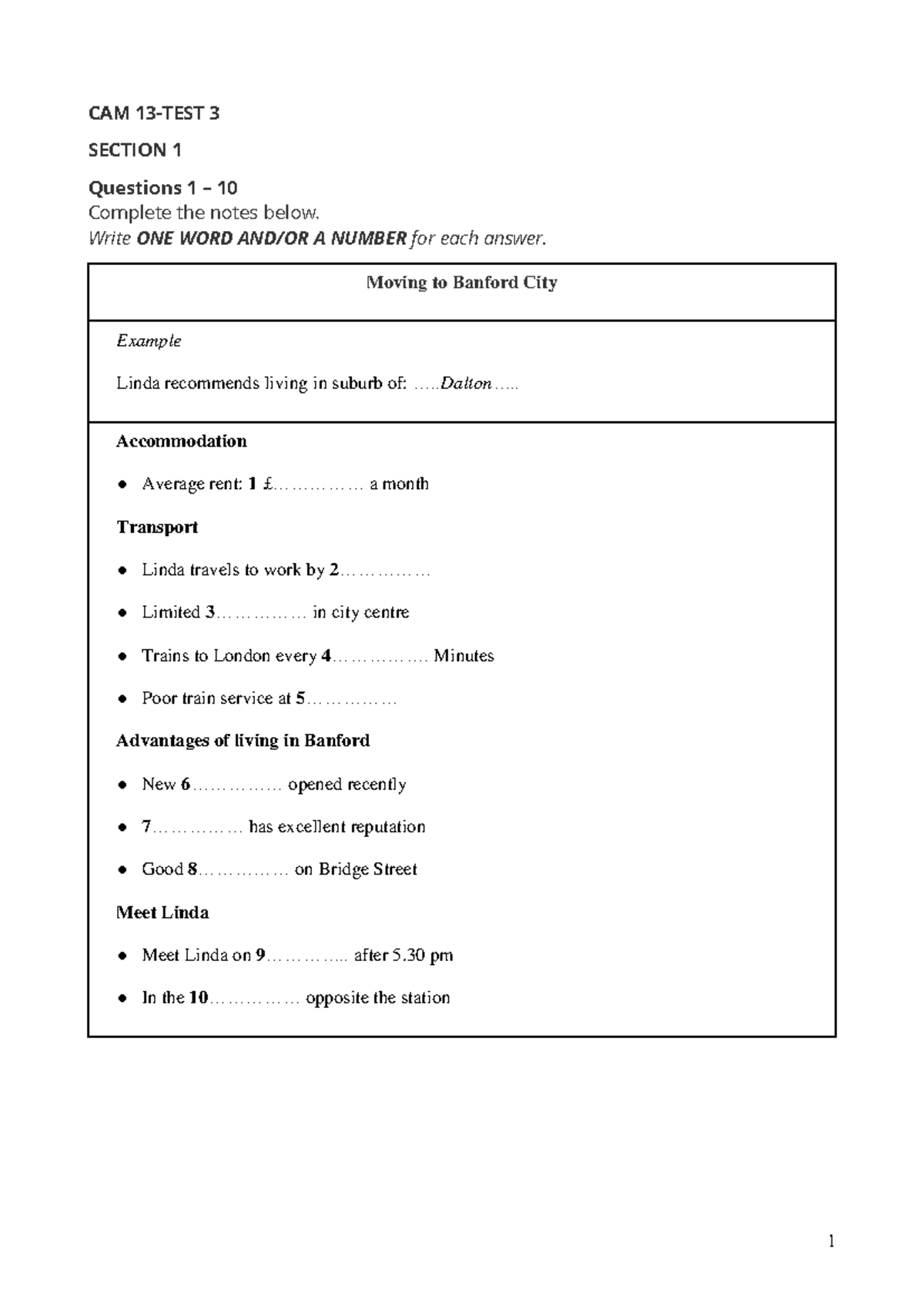 13-3-E-30 BAN - Ielts - CAM 13 - TEST 3 SECTION 1 Questions 1 – 10 ...