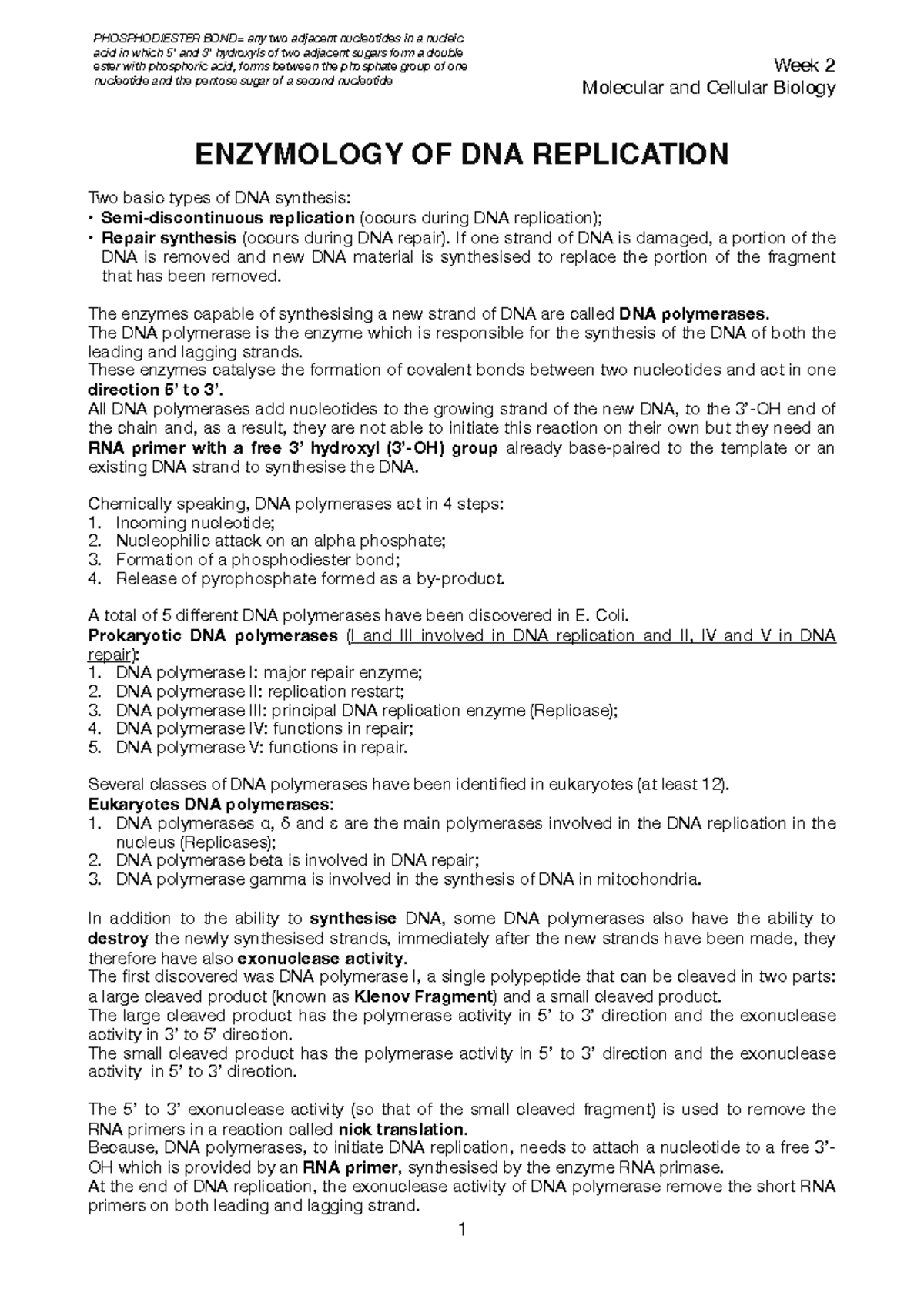Enzymology OF DNA Replication - Week 2 Molecular and Cellular Biology ...