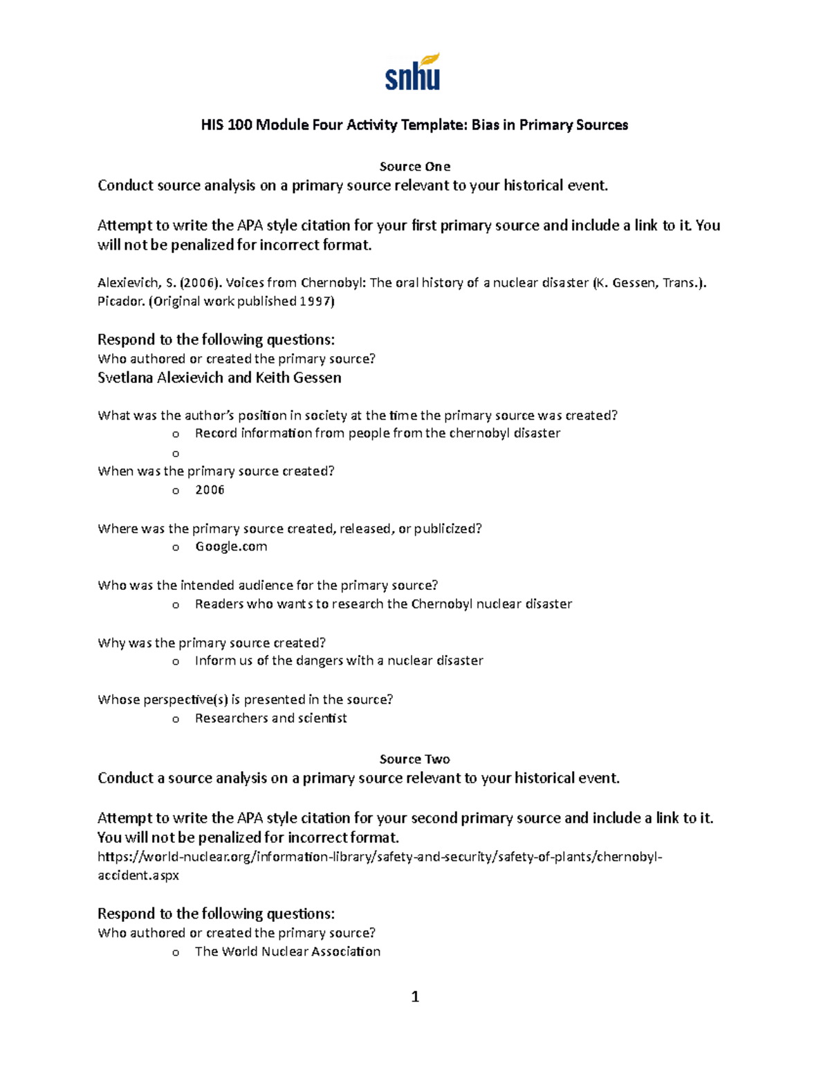 HIS 100 Module Four Activity Bias Template - Source One Attempt to ...