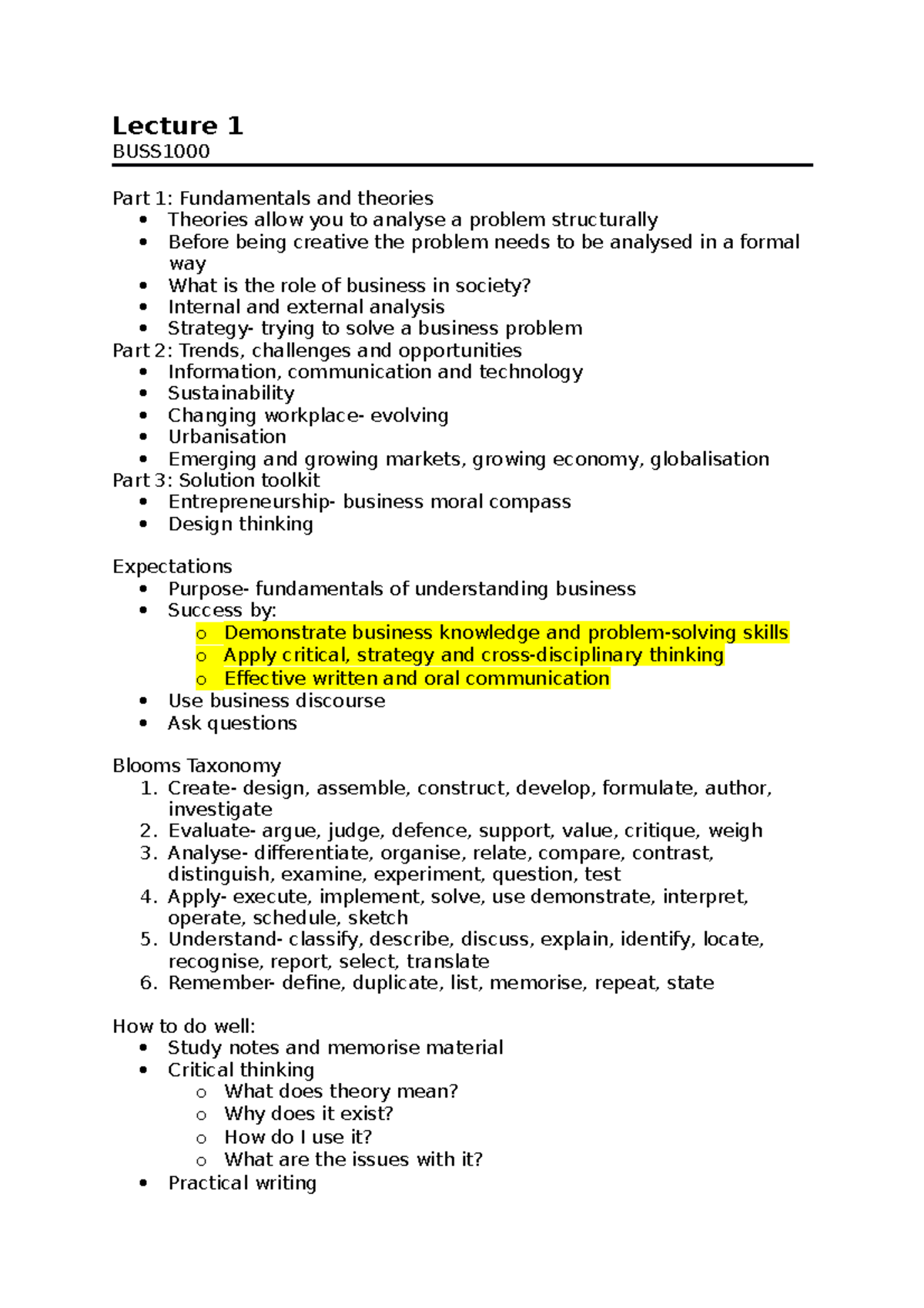 Lecture 1 - Summary Notes - Lecture 1 BUSS1000 Part 1: Fundamentals and ...