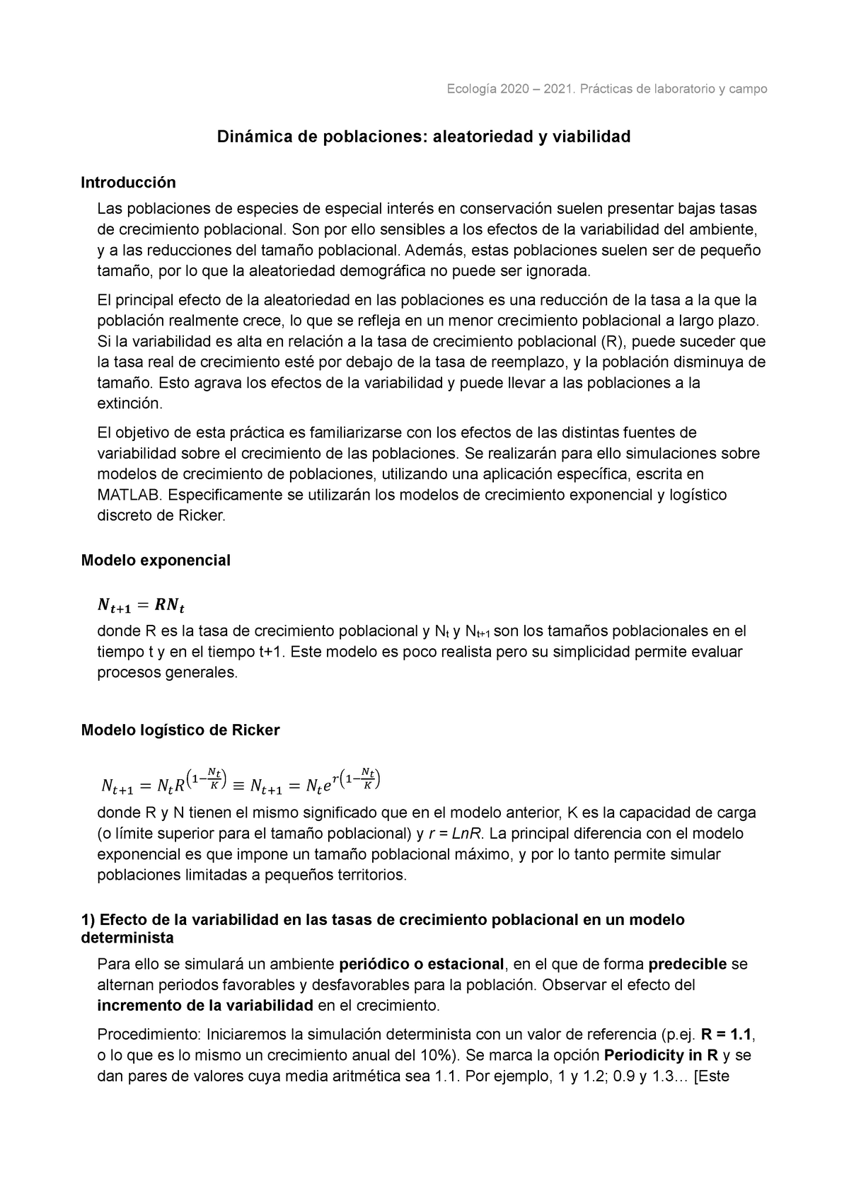 Guion pl2 ecoENUNCIADOS DE LA PA DE CICLOS DE MATERIA DE ECOLOGIA UNIOVI  2020-2021 - Dinámica de - Studocu