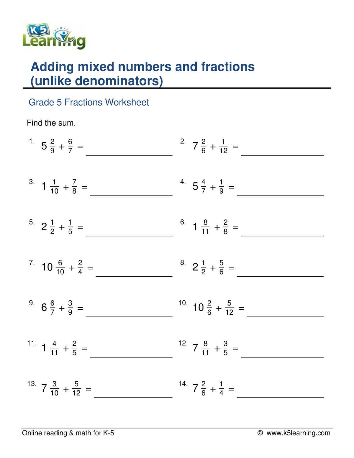 Grade 5 adding fractions mixed numbers unlike a - Online reading & math ...