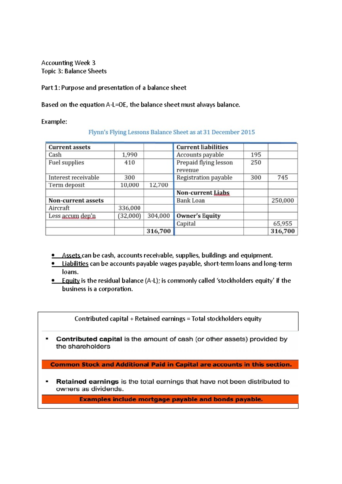 Accounting Week 3 - notes - Accounting Week 3 Topic 3: Balance Sheets ...