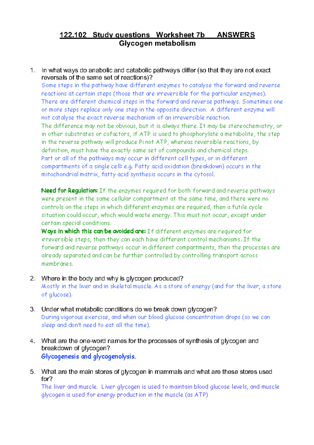 Week 7 Worksheet 7b Glycogen answers 122 Study questions Worksheet 7b