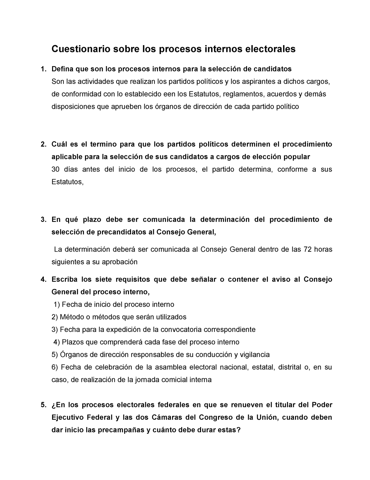 Cuestionario Sobre Los Procesos Internos Electorales - Defina Que Son ...