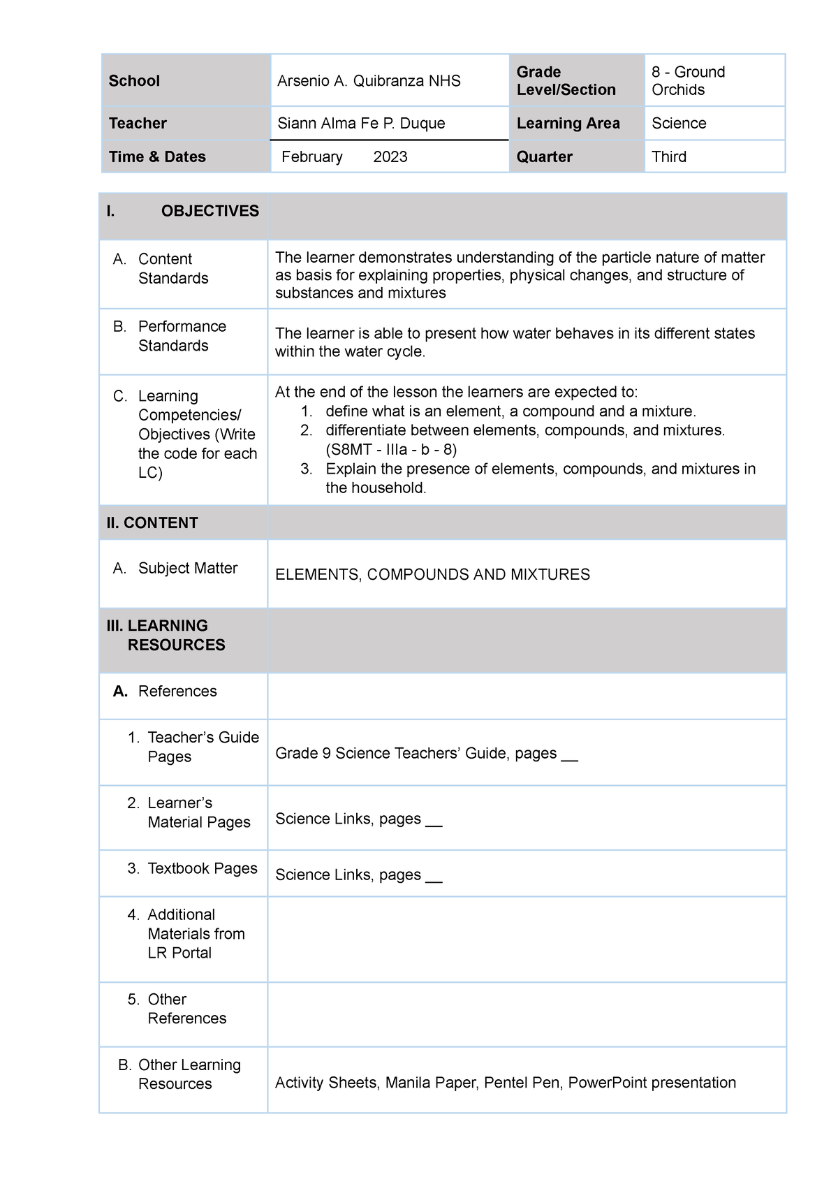 DLP for Science 9 Duque - School Arsenio A. Quibranza NHS Grade Level ...