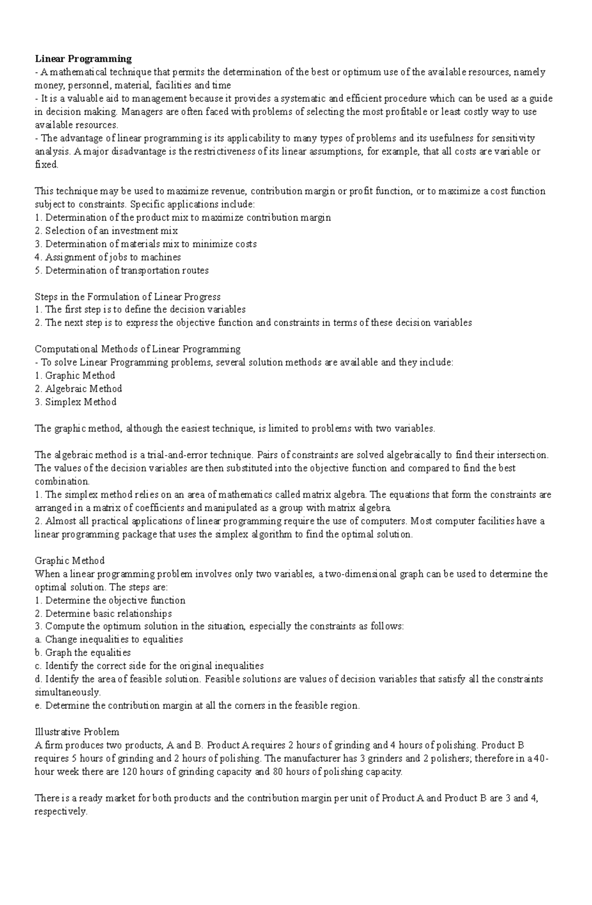 Linear Programming - Notes from Cabrera - Linear Programming A ...