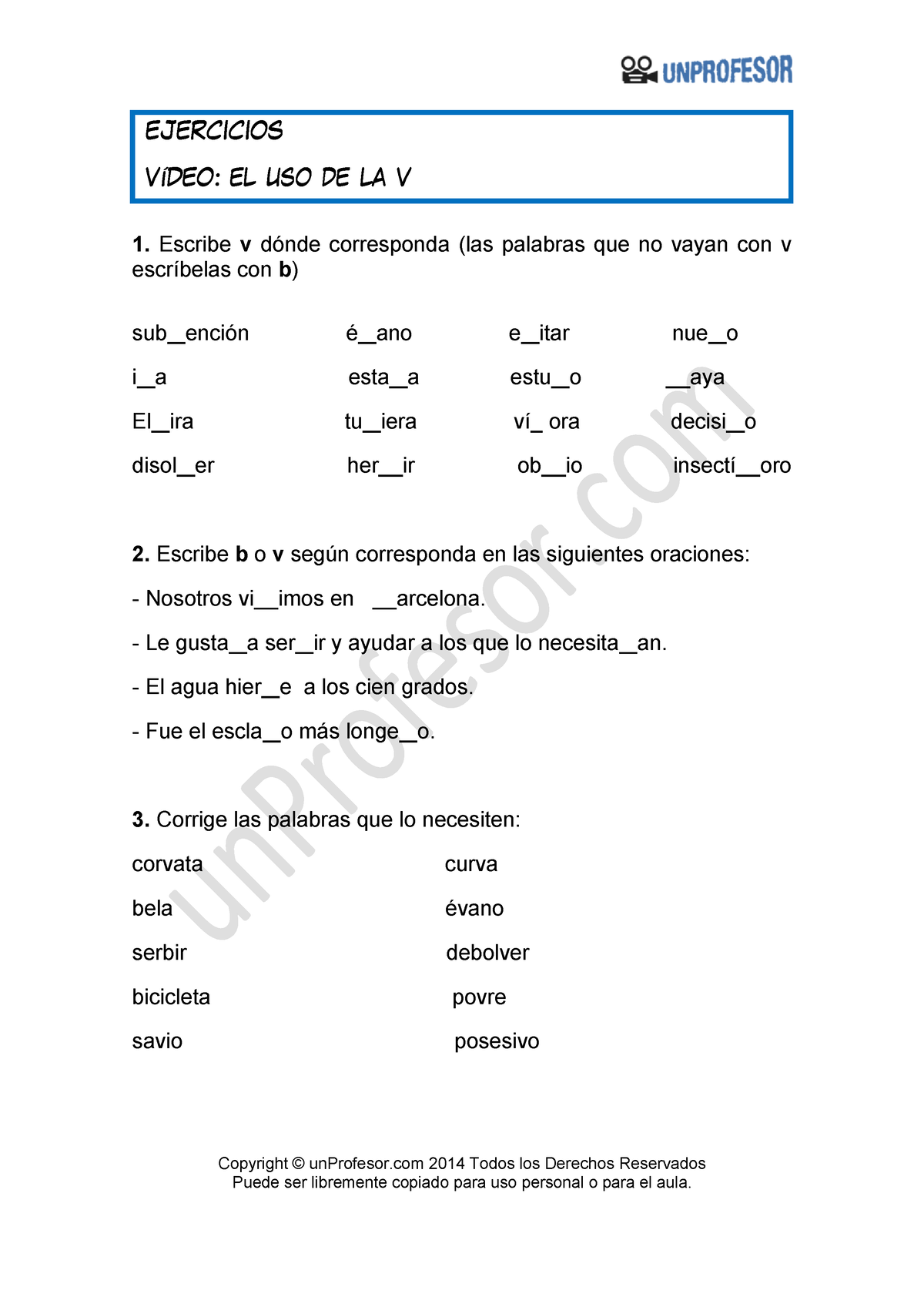 Ejercicio El Uso De La V 104 Ejercicios Ortográficos Sobre 1 Escribe