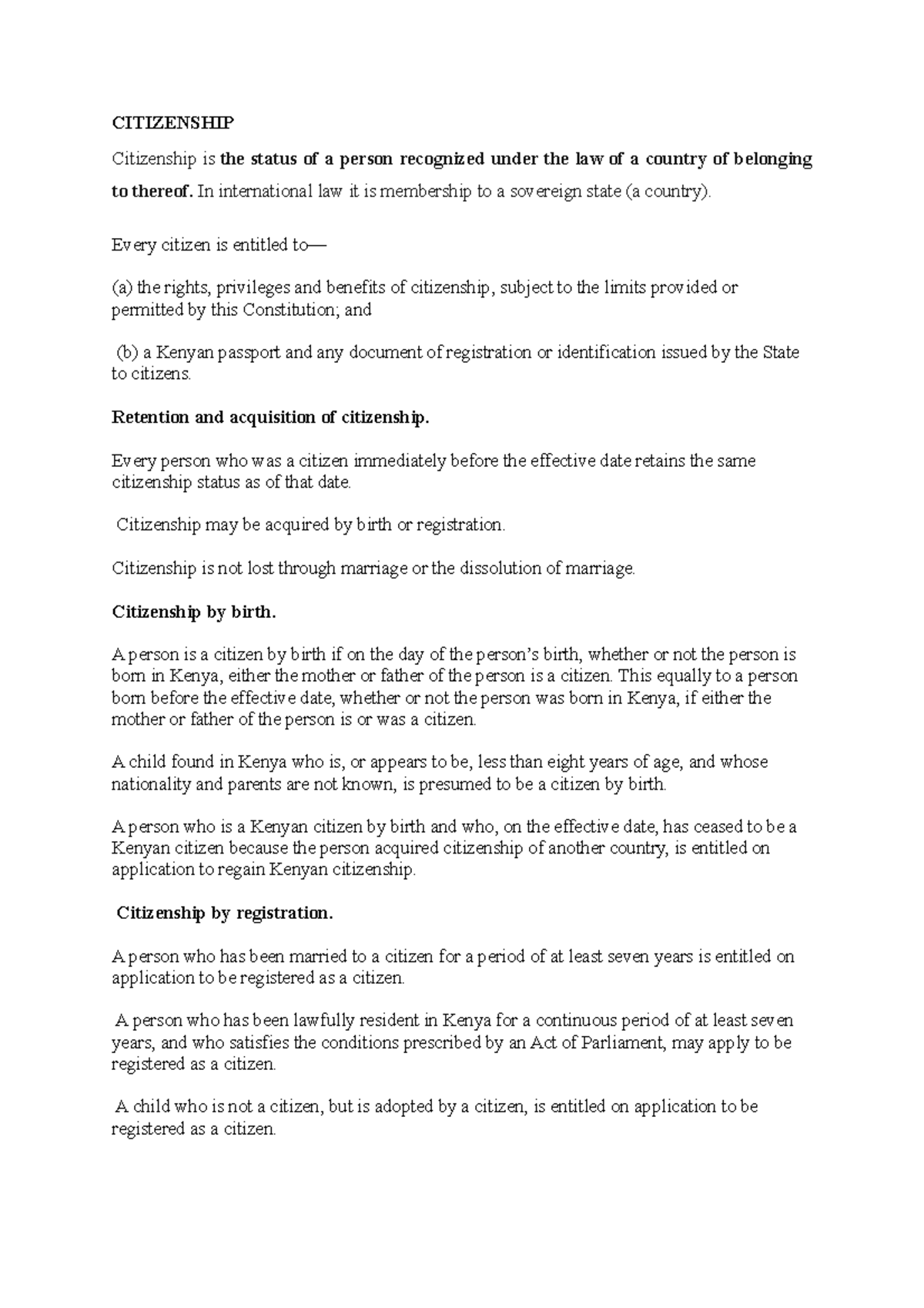 Citizenship AND Adoption Notes - CITIZENSHIP Citizenship is the status ...
