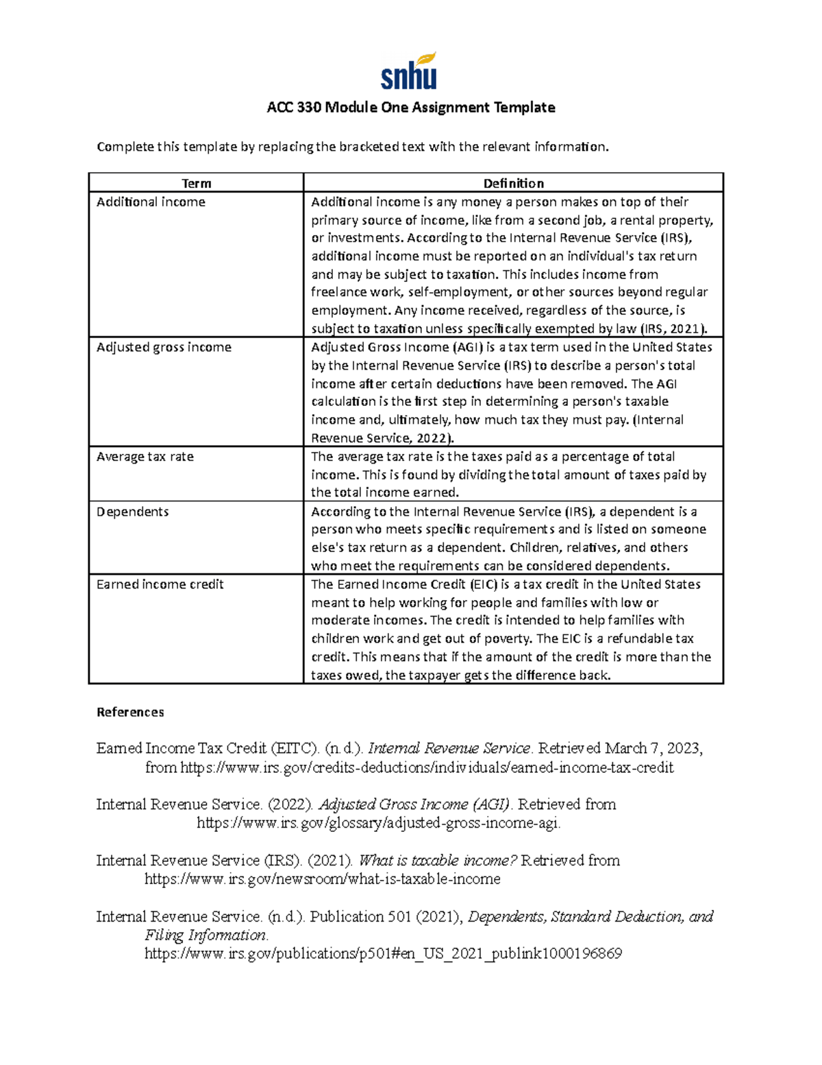 ACC 330 Module One Assignment - Term Definition Additional Income ...