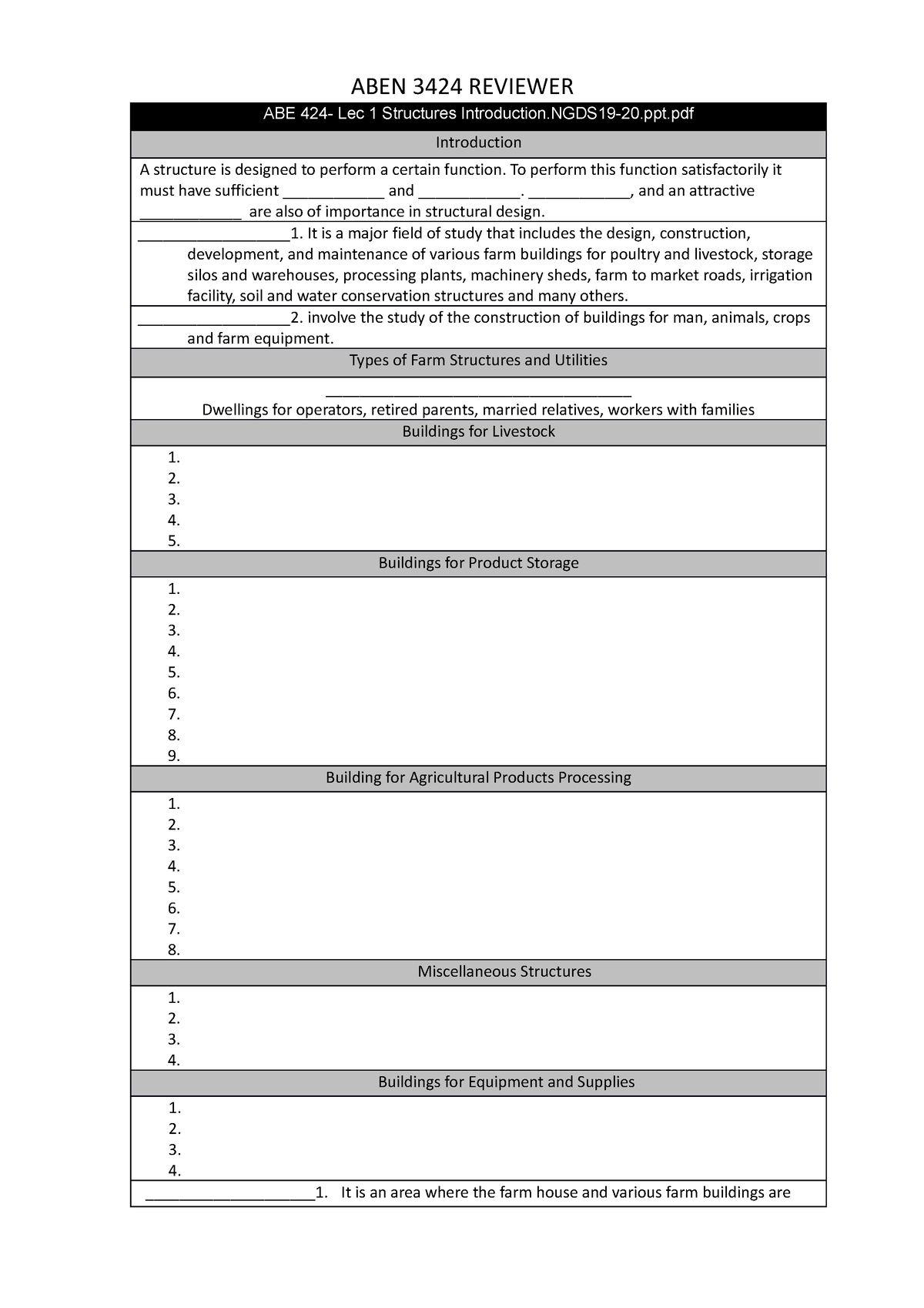 ABEN 3421 Reviewer - ABEN 3424 REVIEWER ABE 424- Lec 1 Structures ...